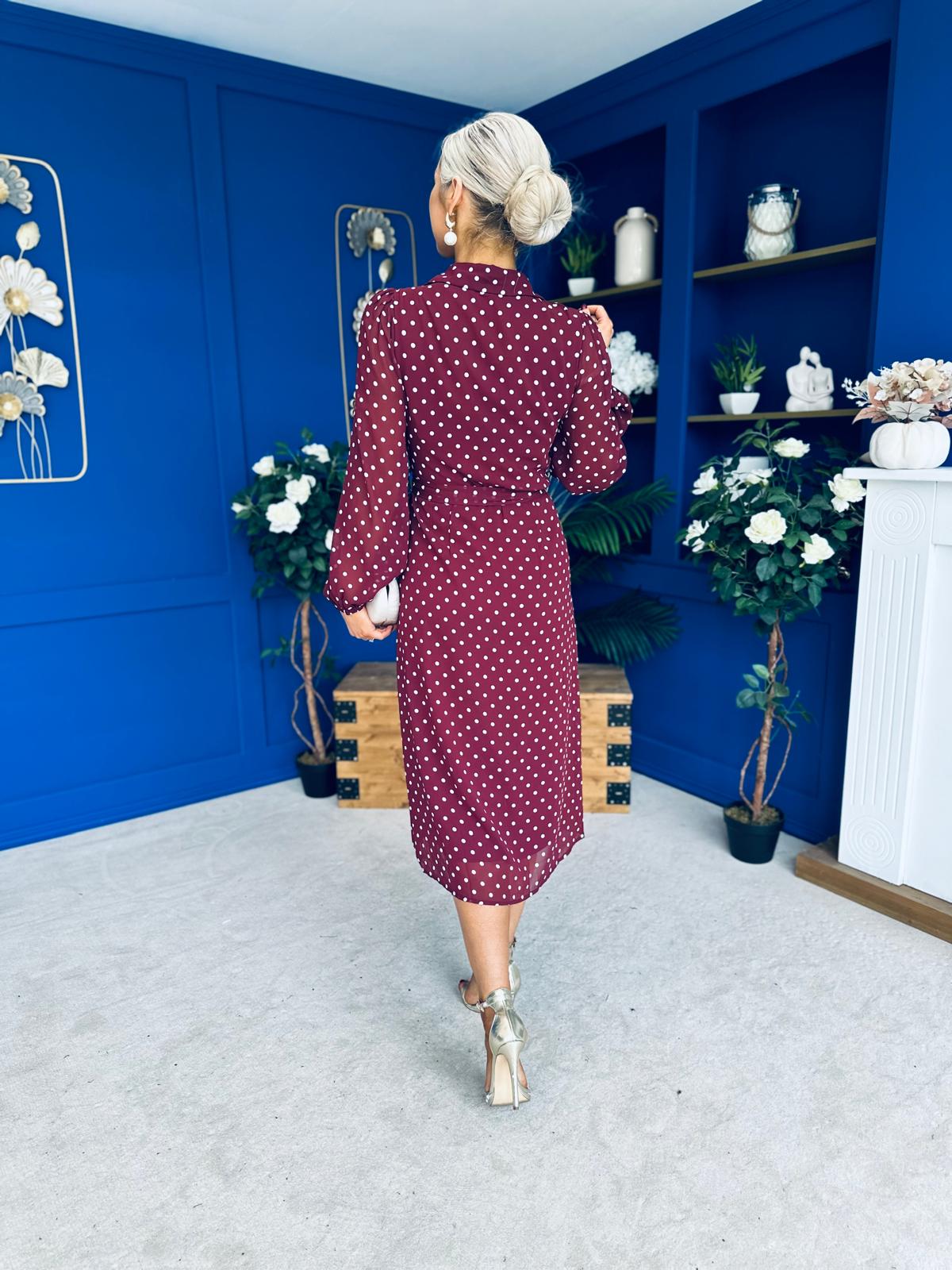 Kaya Print Midi Shirt Dress Polka Wine