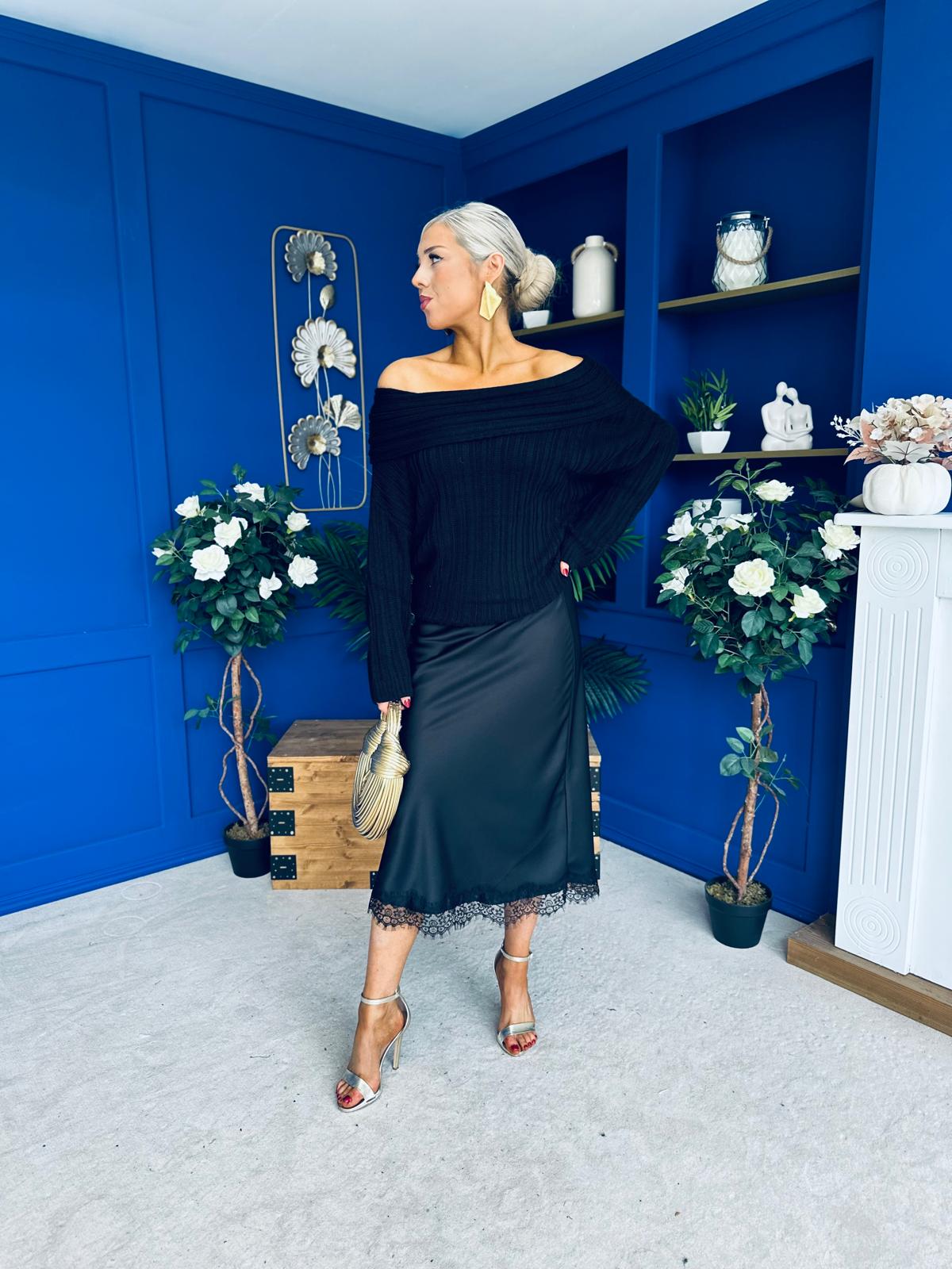 Tia Off Shoulder Knit Jumper Black