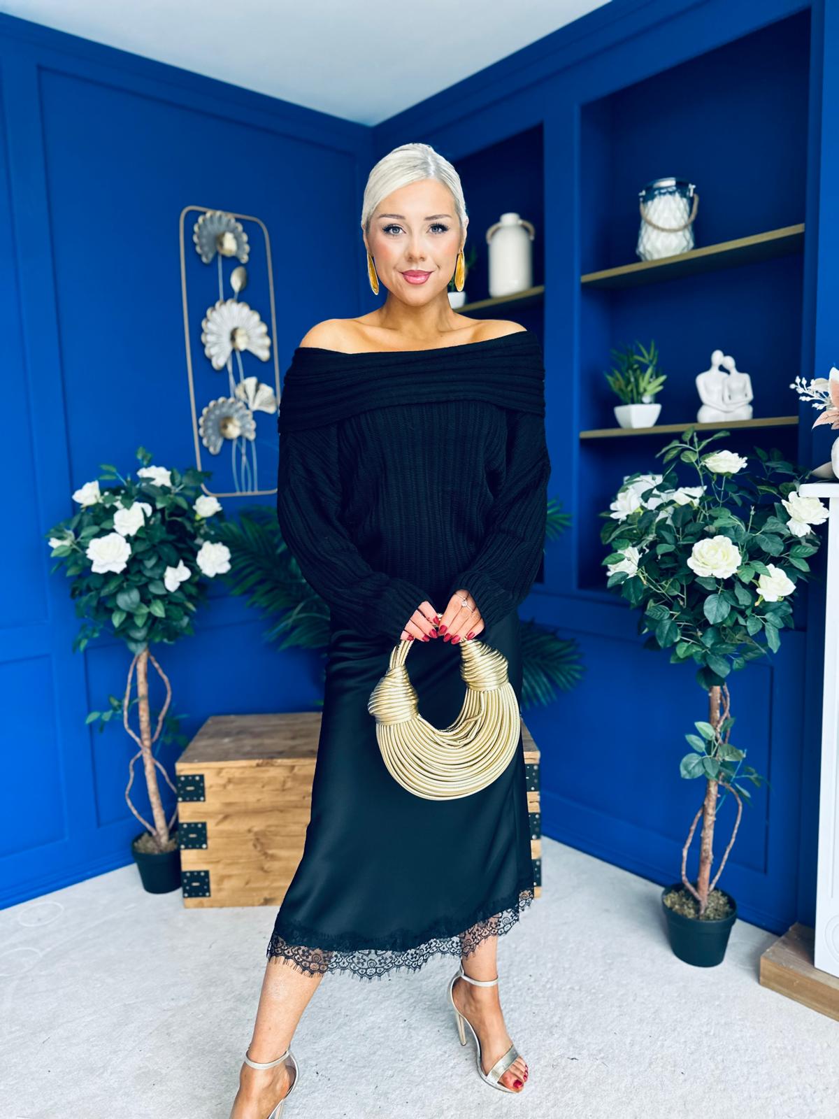 Tia Off Shoulder Knit Jumper Black