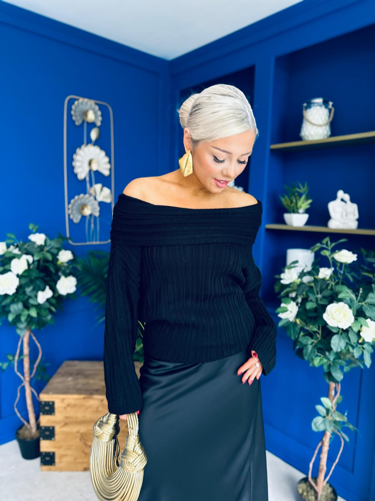 Tia Off Shoulder Knit Jumper Black