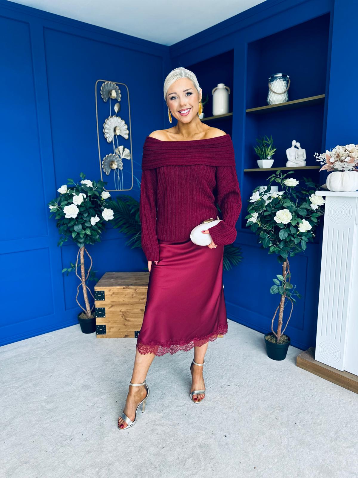 Tia Off Shoulder Knit Jumper Wine