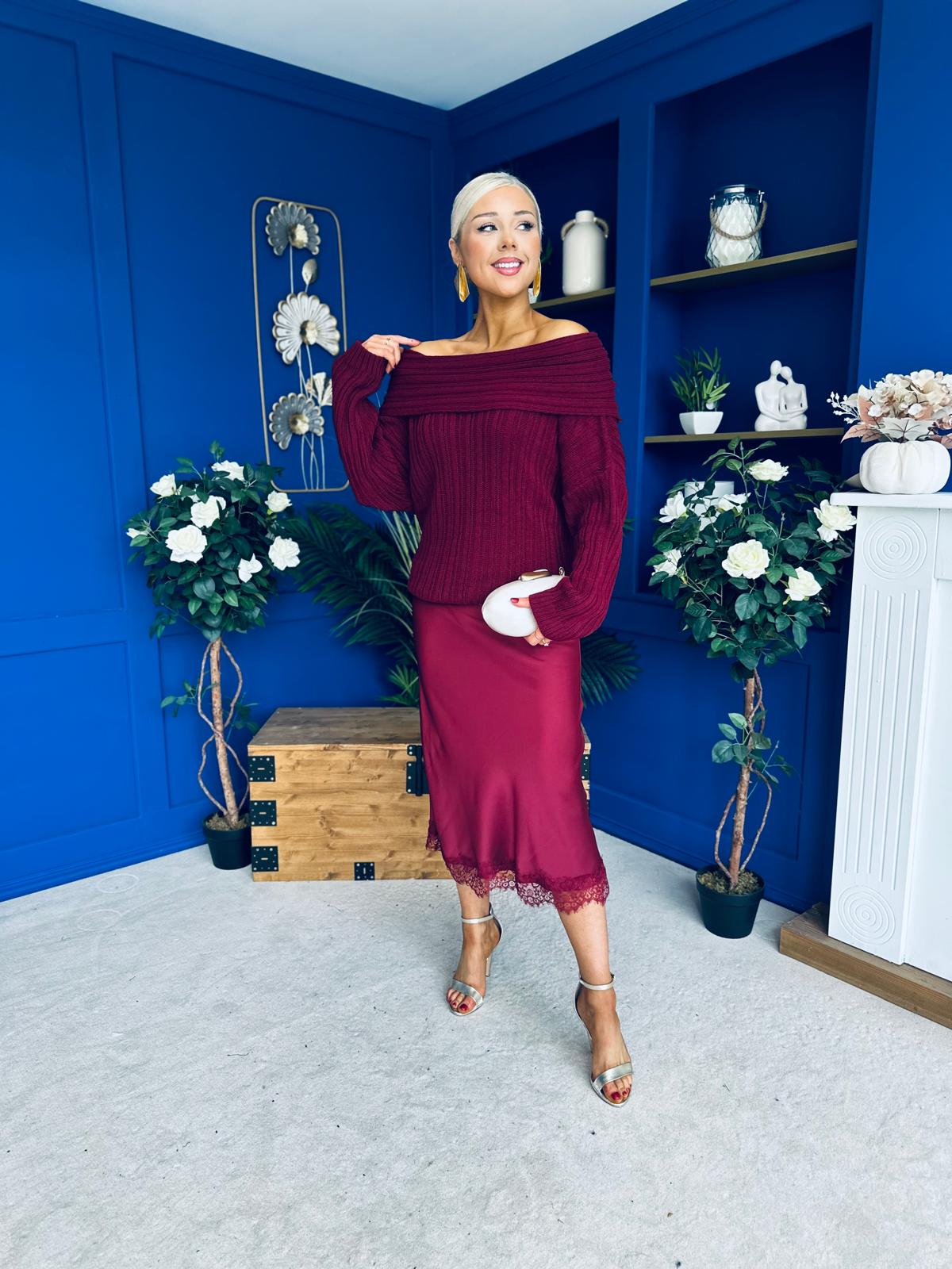 Jade Detailed Satin Midi Skirt Wine