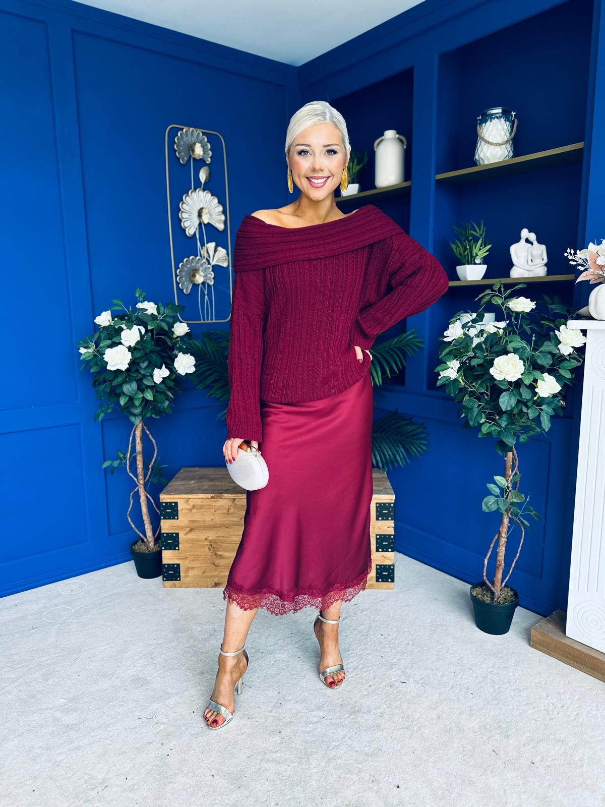 Jade Detailed Satin Midi Skirt Wine