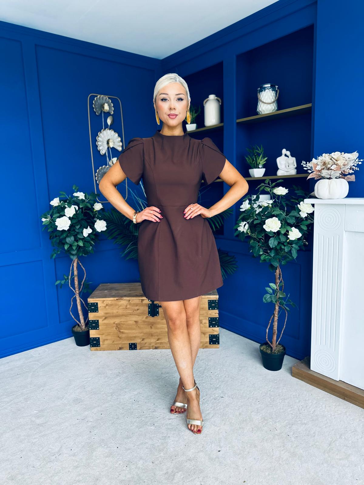 Ami Tulip Sleeve High Neck Mini Dress Chocolate