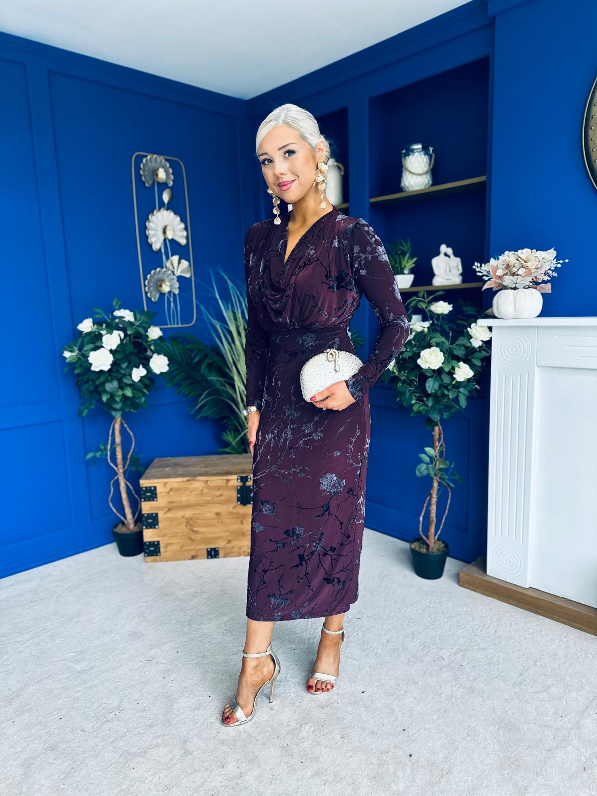 Remington Flocked Floral Cowl Neck Midi Dress Plum