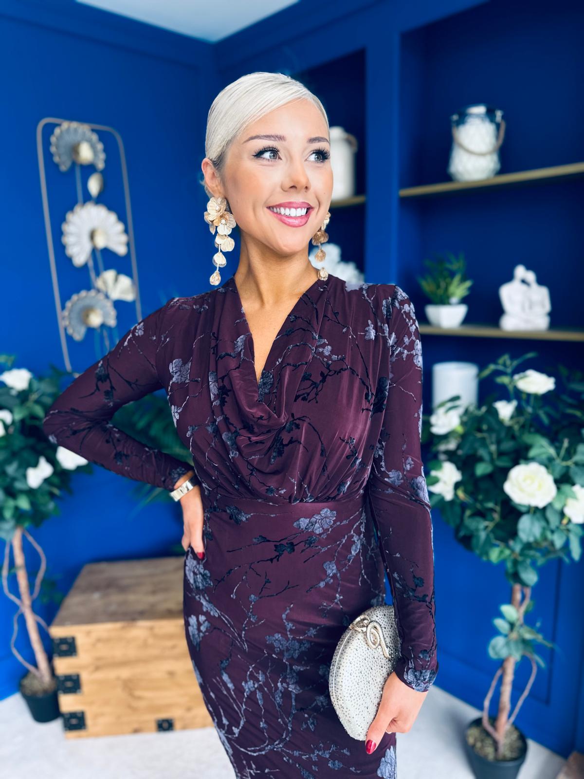 Remington Flocked Floral Cowl Neck Midi Dress Plum