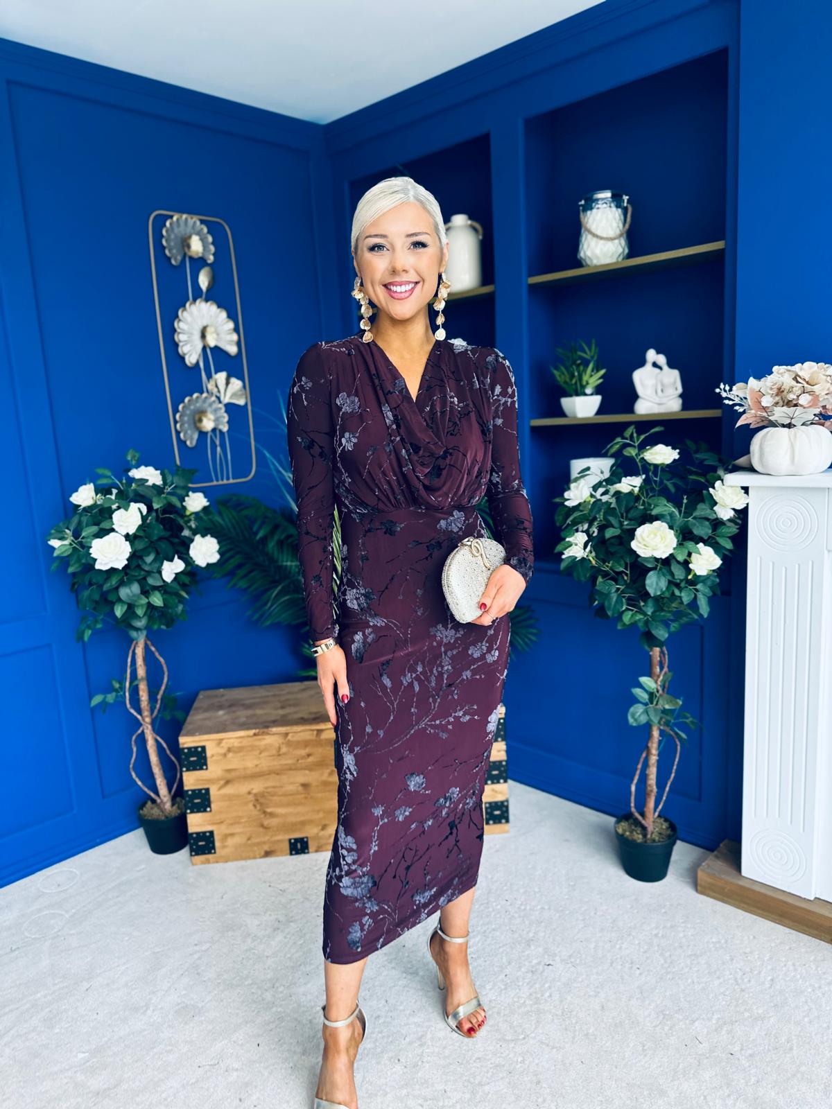 Remington Flocked Floral Cowl Neck Midi Dress Plum