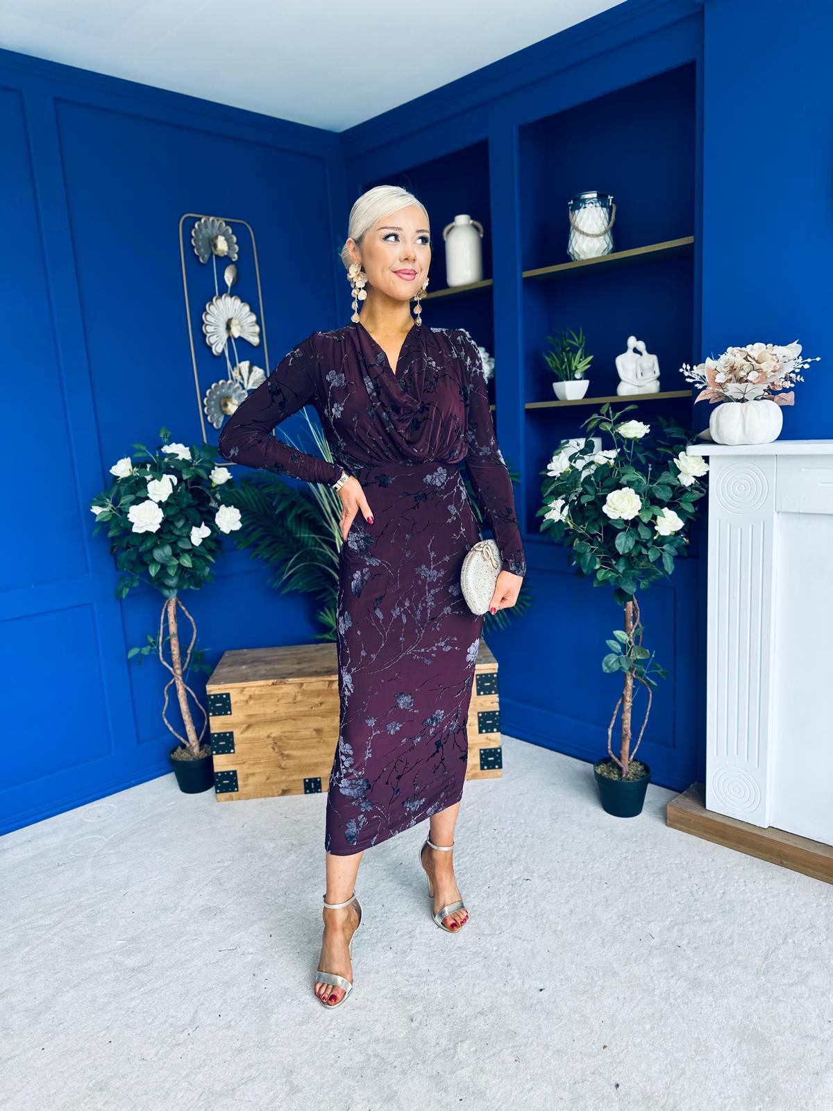 Remington Flocked Floral Cowl Neck Midi Dress Plum