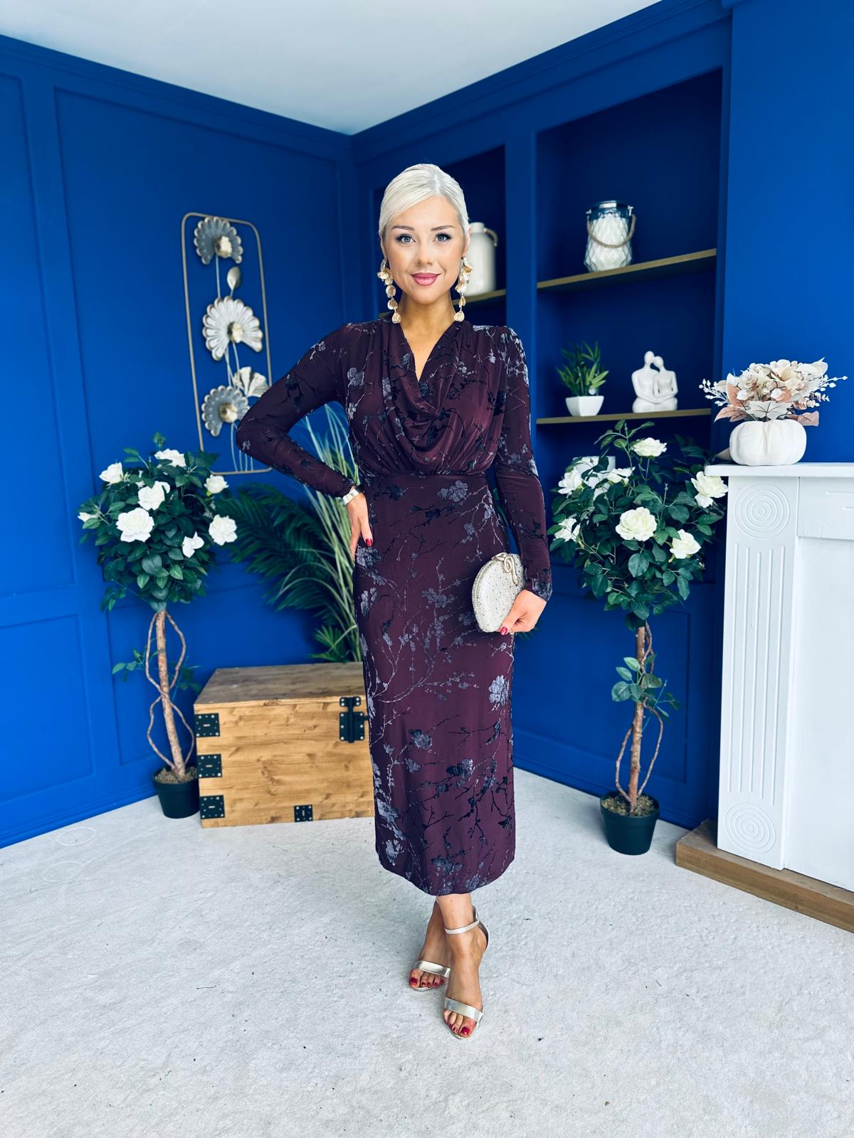 Remington Flocked Floral Cowl Neck Midi Dress Plum