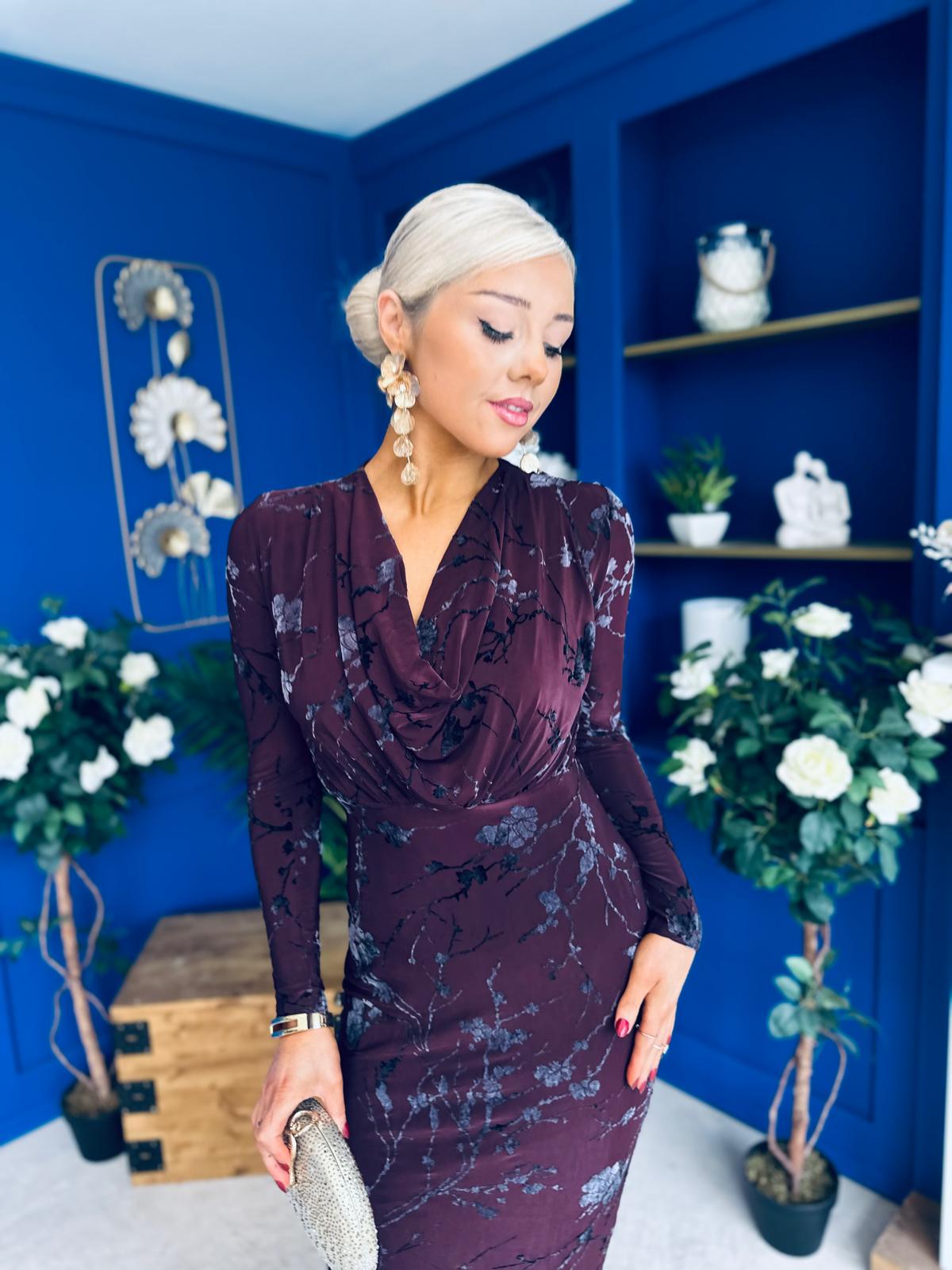 Remington Flocked Floral Cowl Neck Midi Dress Plum