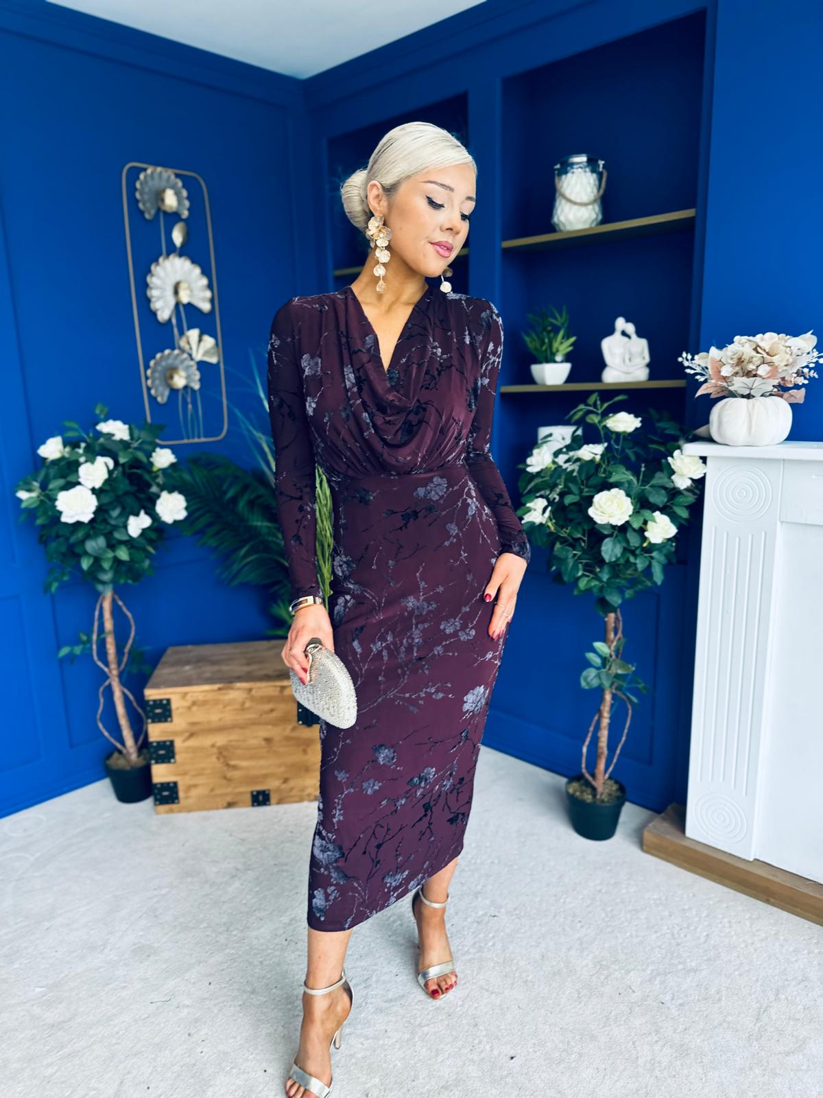 Remington Flocked Floral Cowl Neck Midi Dress Plum