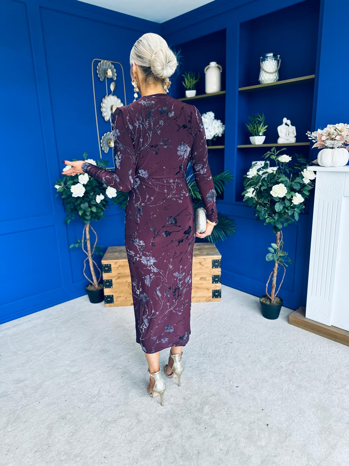Remington Flocked Floral Cowl Neck Midi Dress Plum