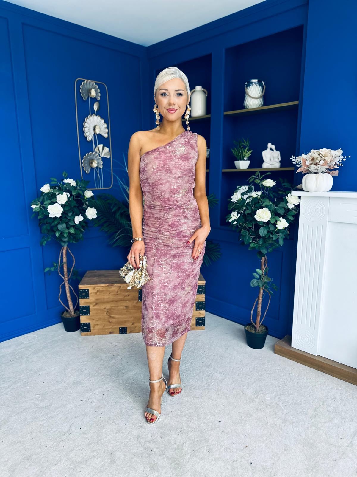 Kally Foiled One Shoulder Midi Dress Pink