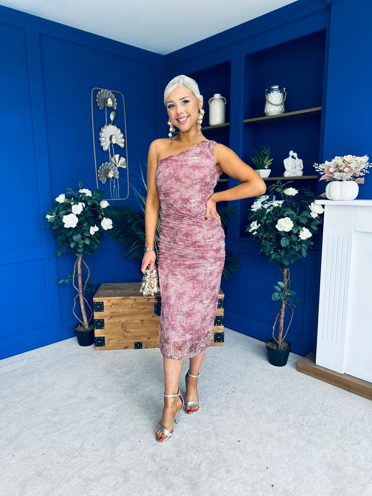 Kally Foiled One Shoulder Midi Dress Pink