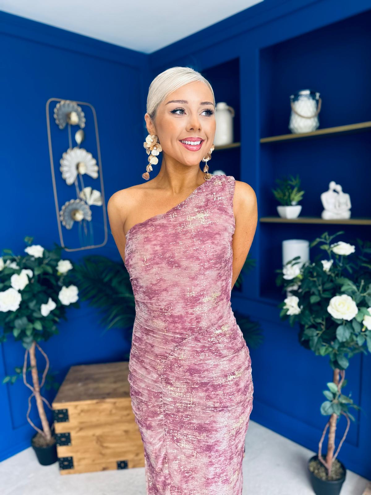 Kally Foiled One Shoulder Midi Dress Pink