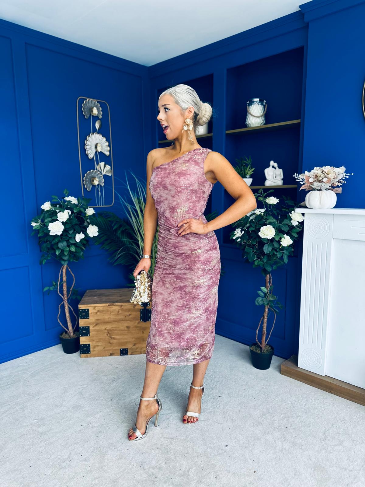 Kally Foiled One Shoulder Midi Dress Pink