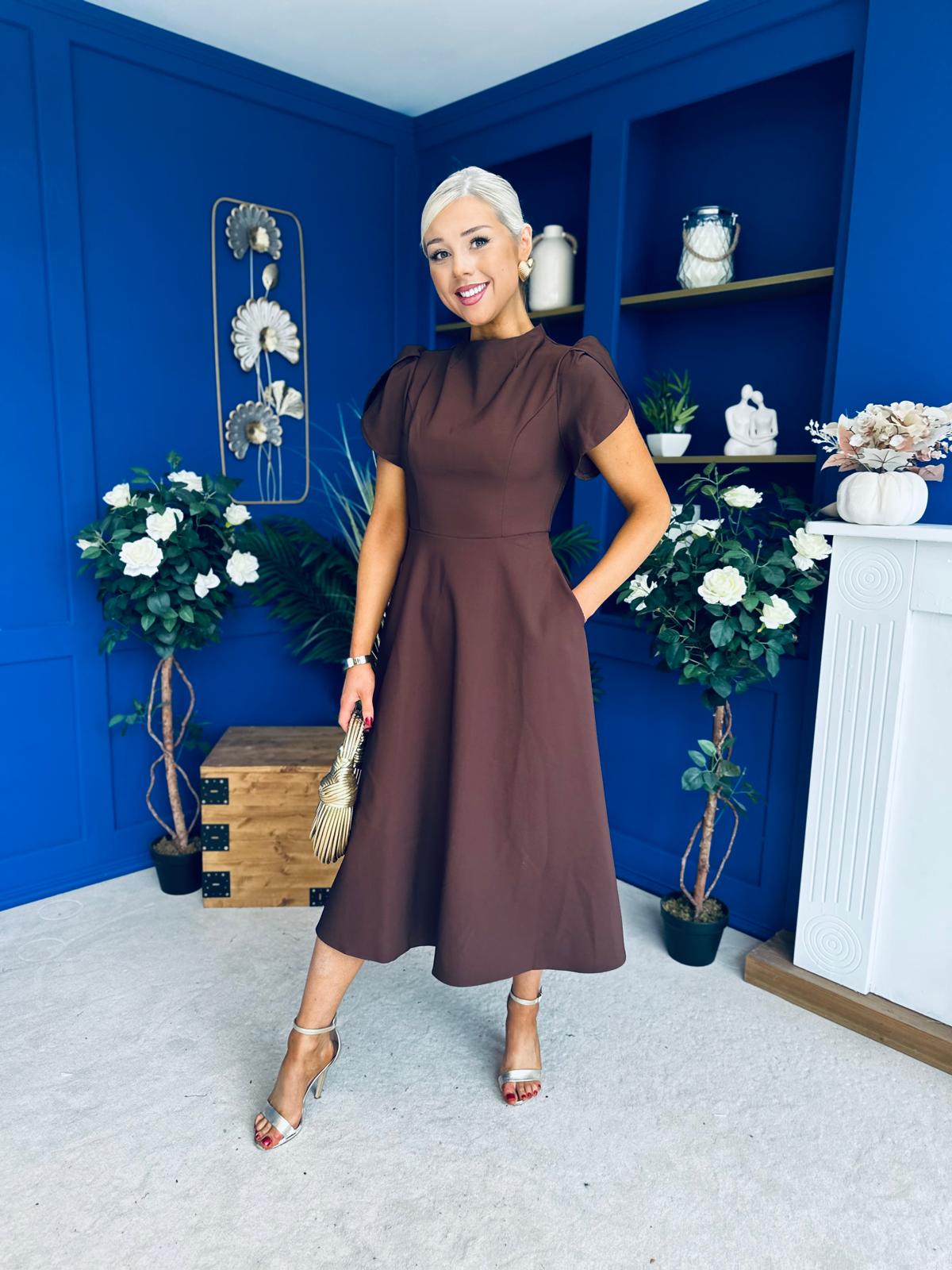 Katisha Tulip Sleeve High Neck Midi Dress Chocolate