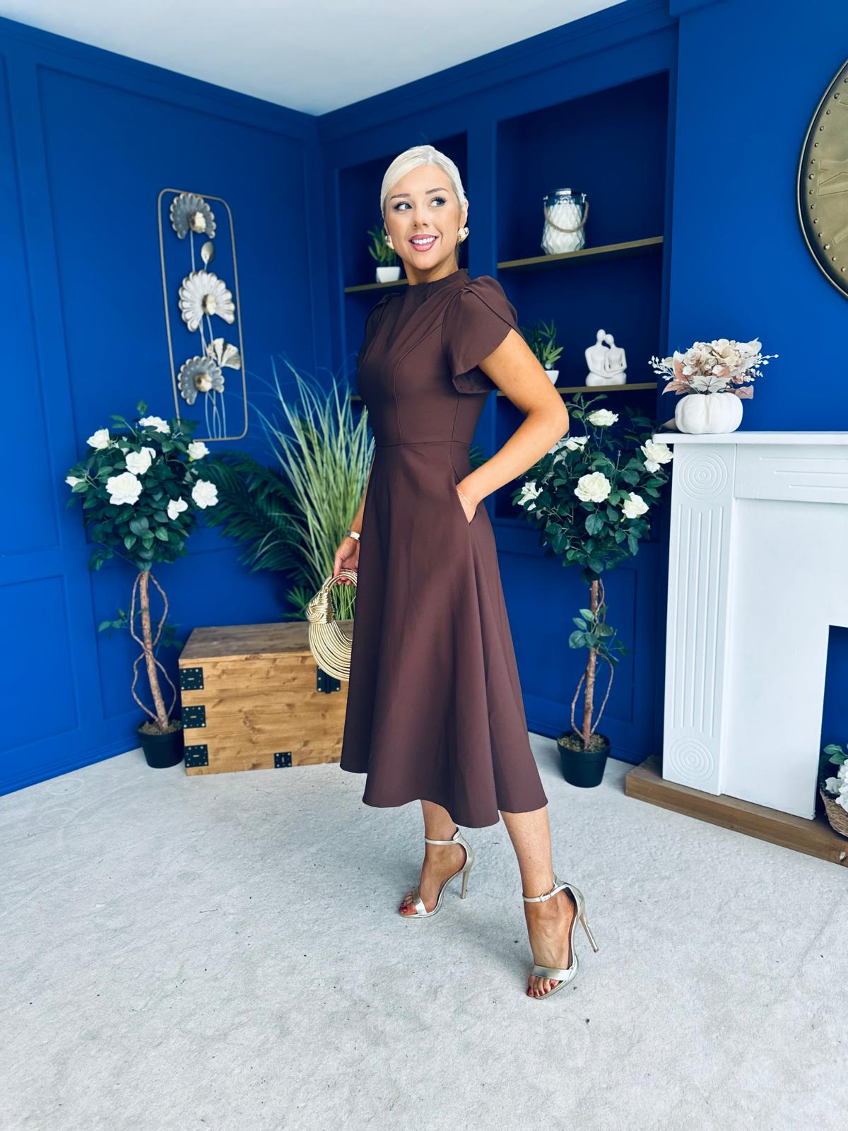Katisha Tulip Sleeve High Neck Midi Dress Chocolate