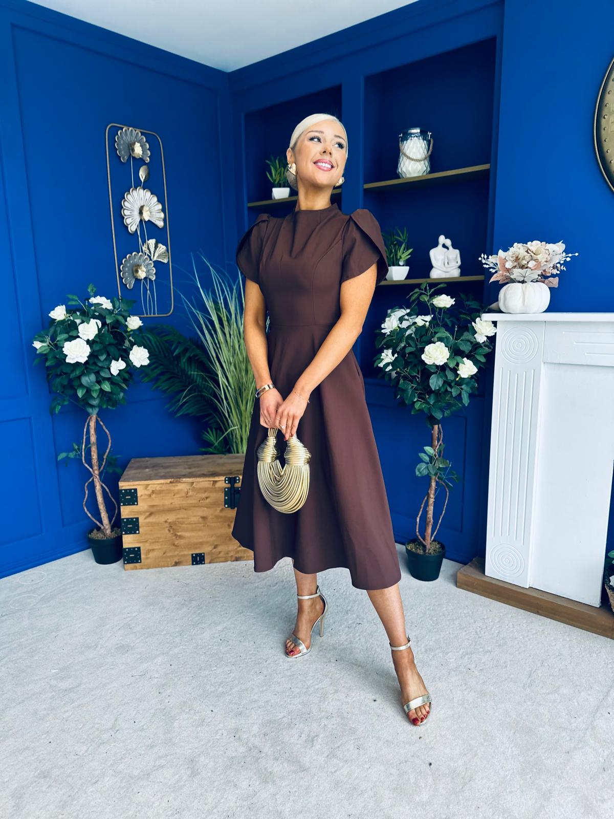 Katisha Tulip Sleeve High Neck Midi Dress Chocolate
