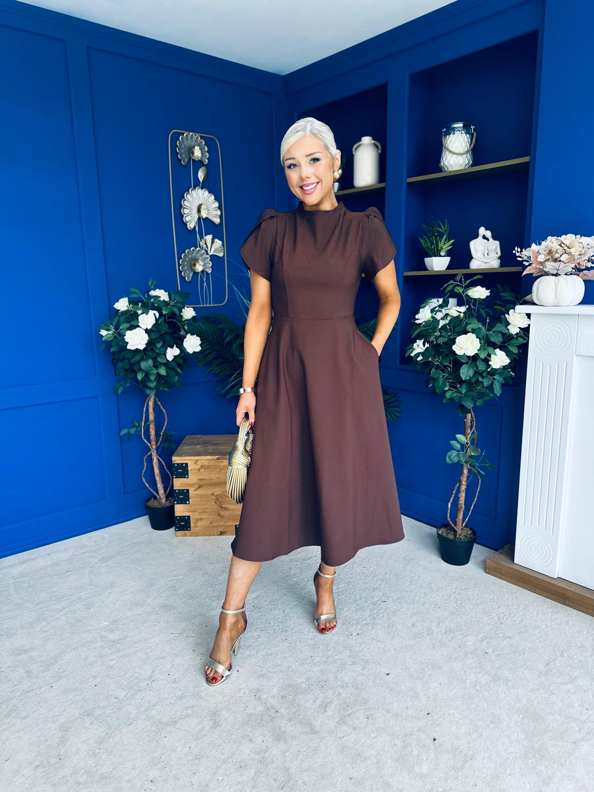 Katisha Tulip Sleeve High Neck Midi Dress Chocolate