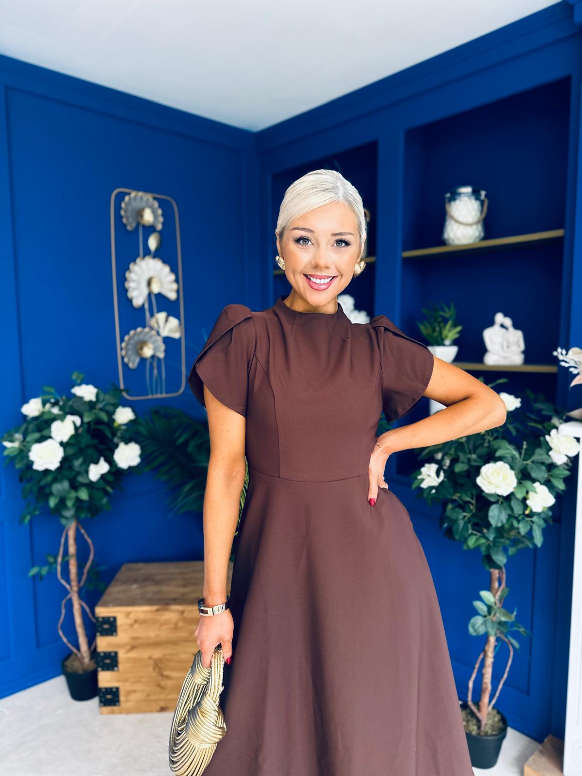 Katisha Tulip Sleeve High Neck Midi Dress Chocolate