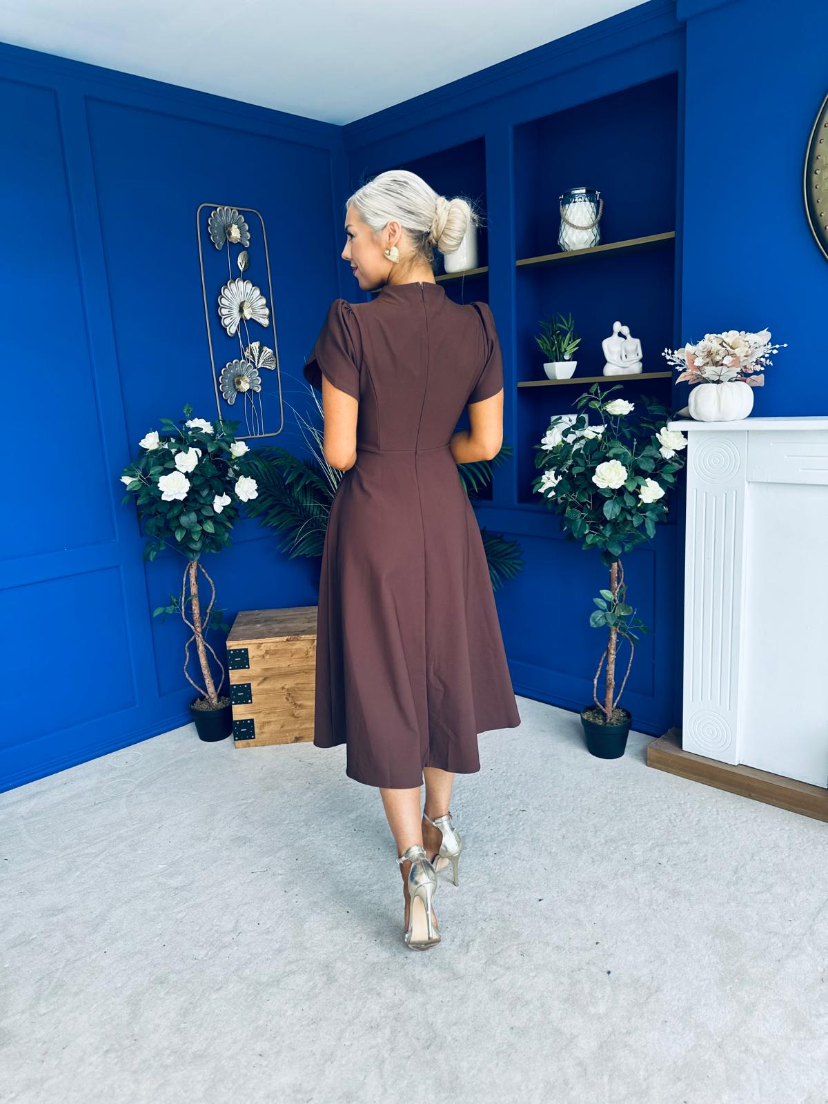 Katisha Tulip Sleeve High Neck Midi Dress Chocolate