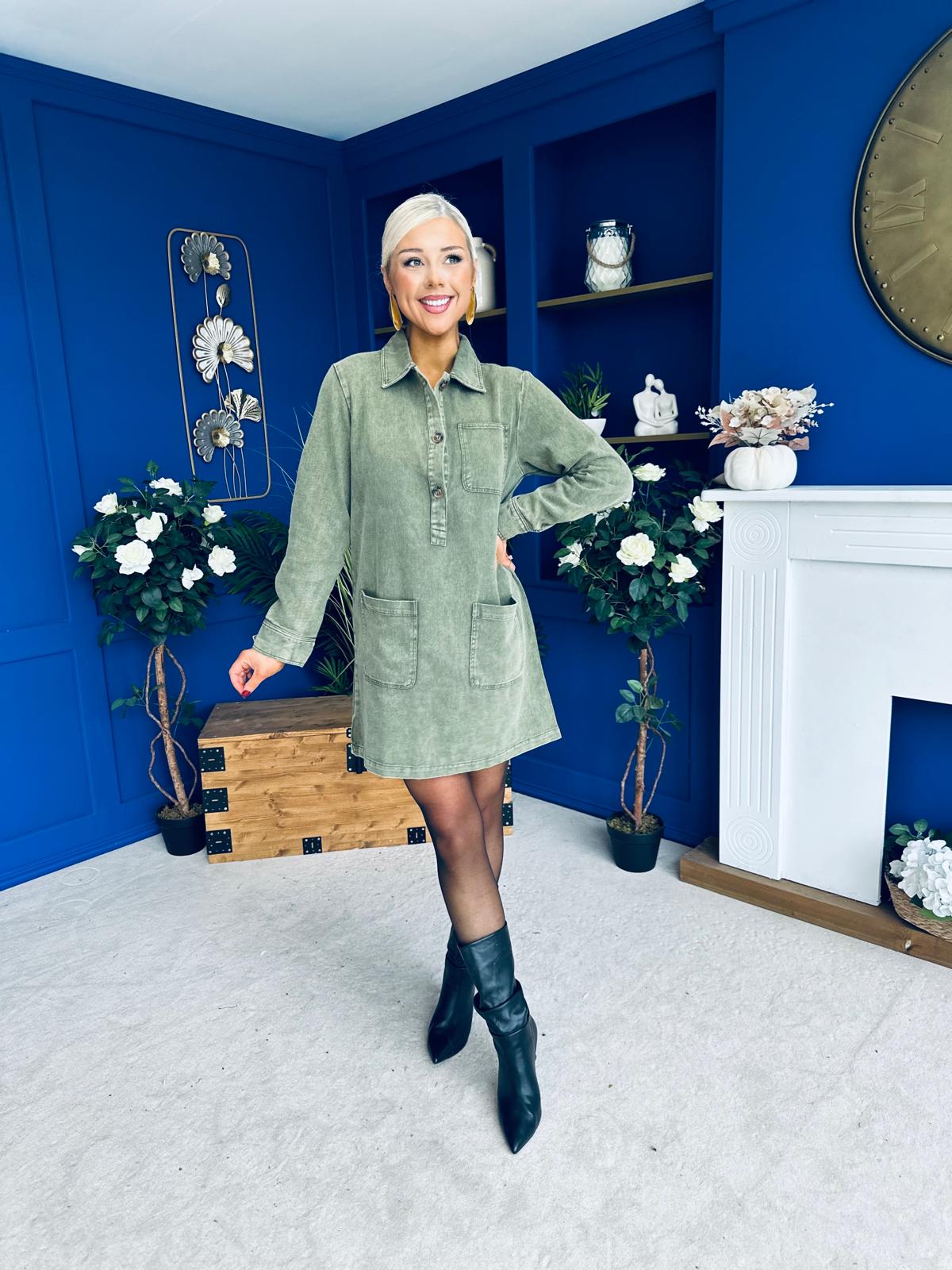 Ryan Cord Mini Shift Dress Green