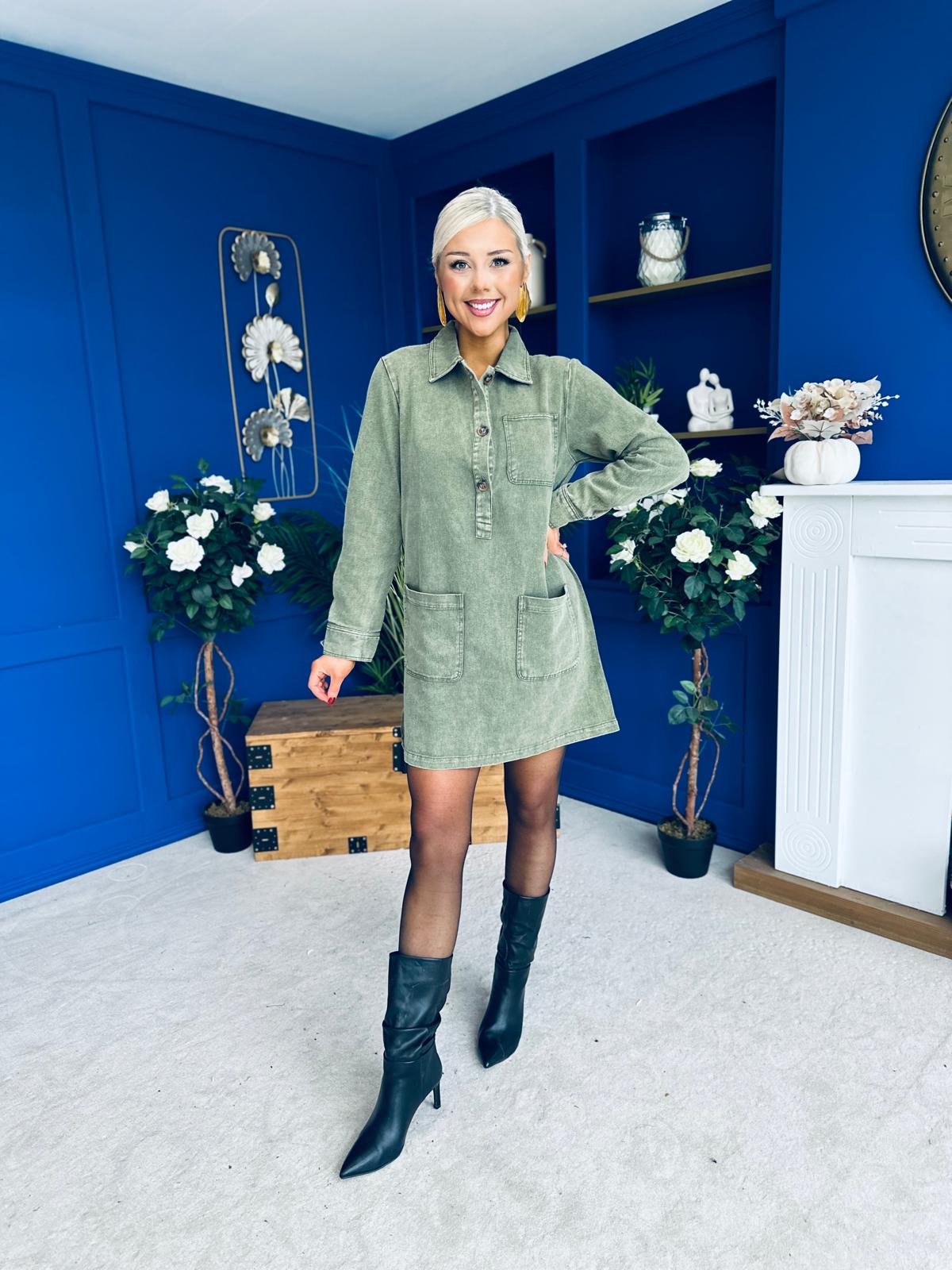 Ryan Cord Mini Shift Dress Green