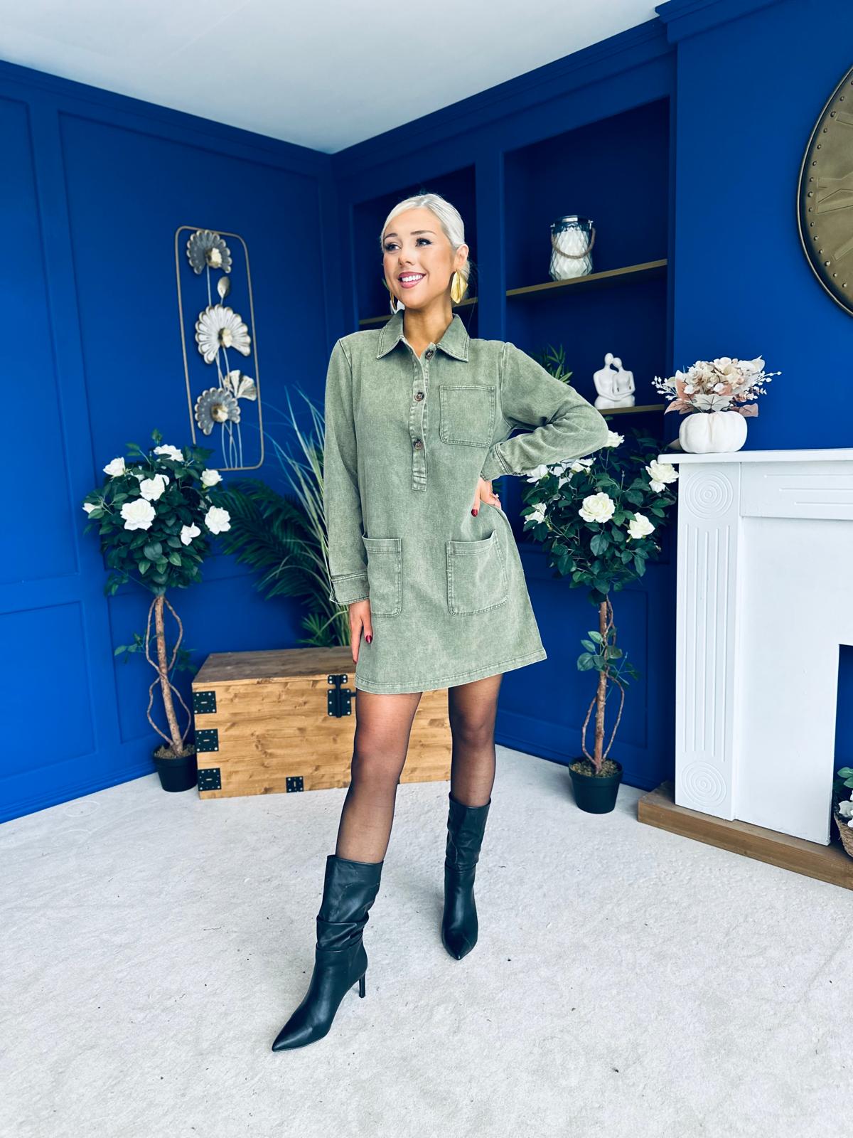 Ryan Cord Mini Shift Dress Green