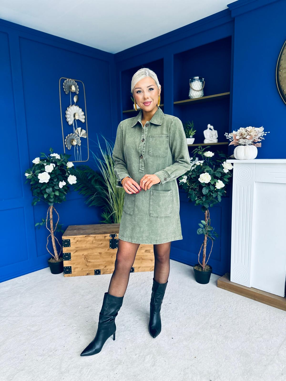 Ryan Cord Mini Shift Dress Green