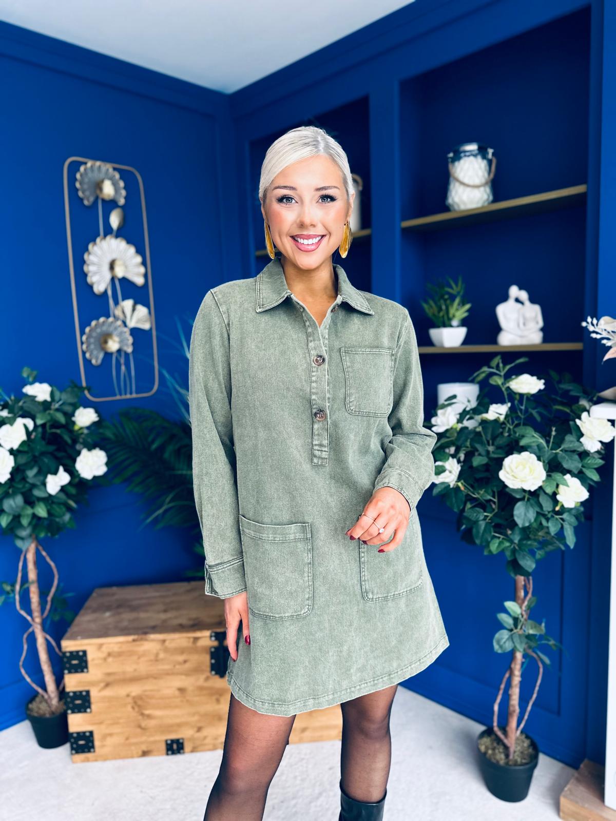 Ryan Cord Mini Shift Dress Green