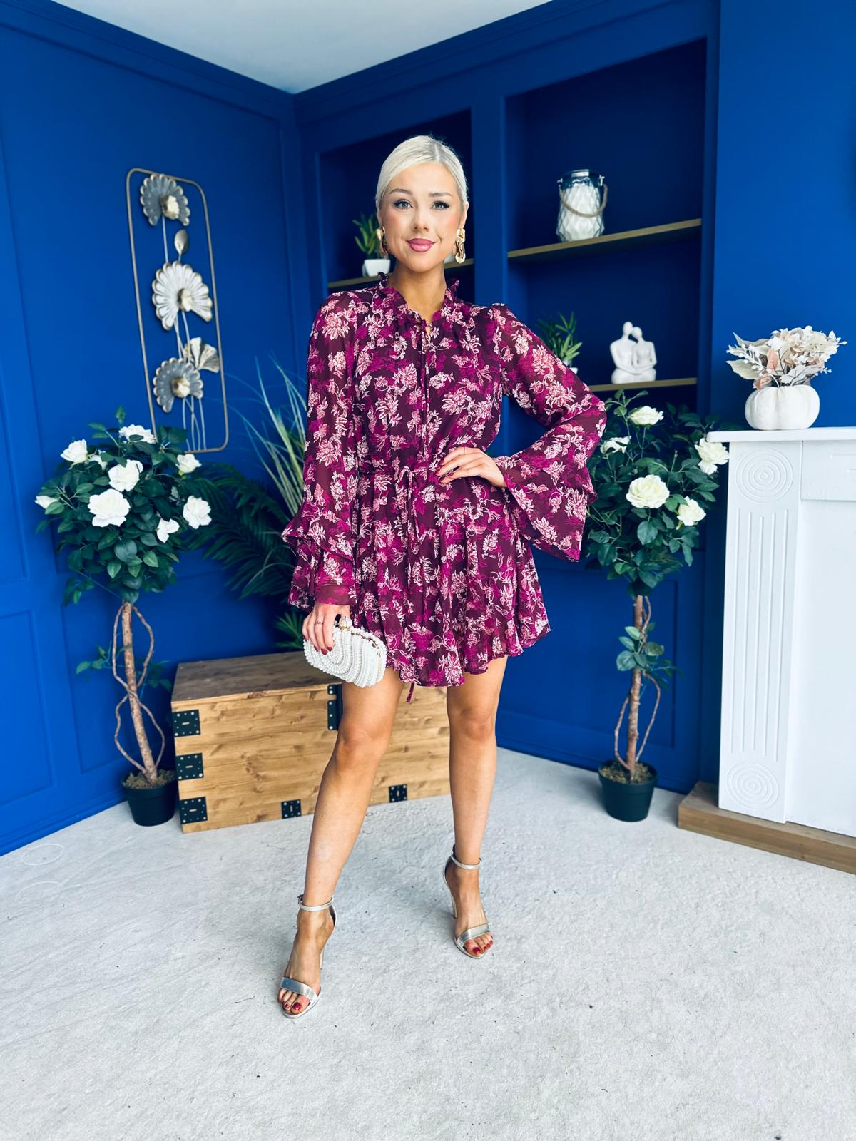 Riana High Neck Mini Dress Floral Berry
