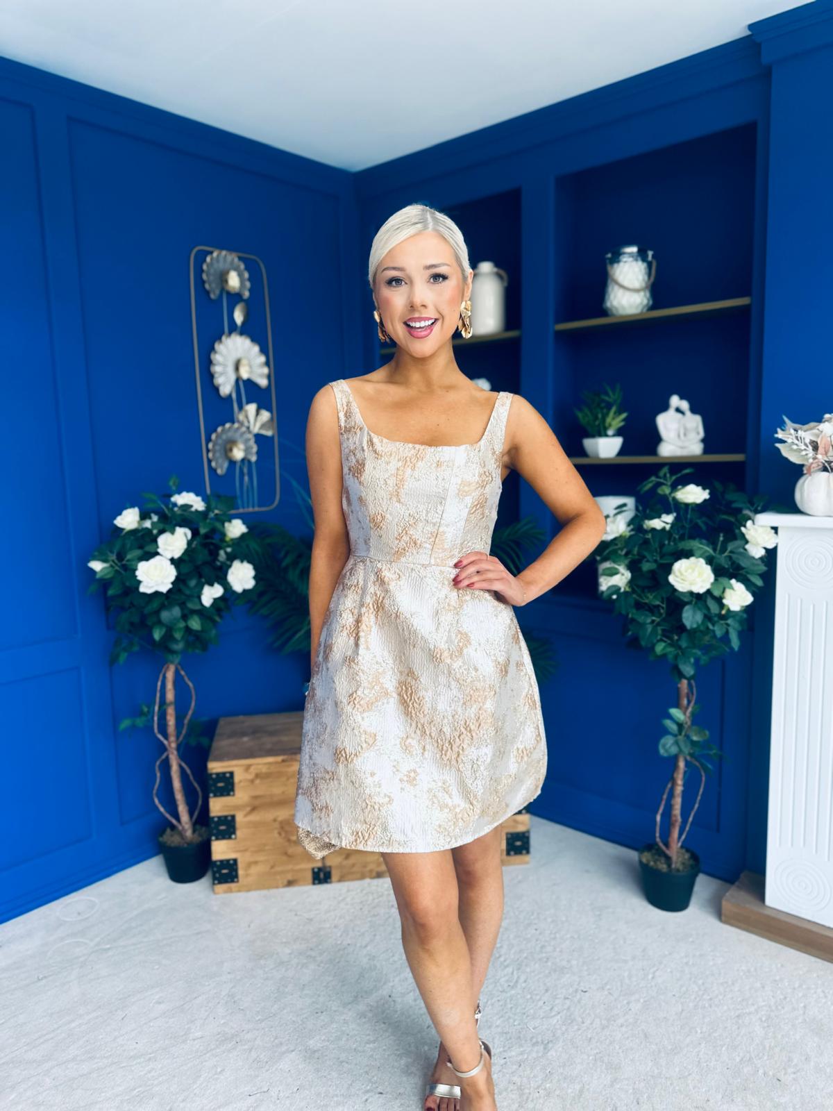 Shania Gold Jacquard Structured Mini Dress