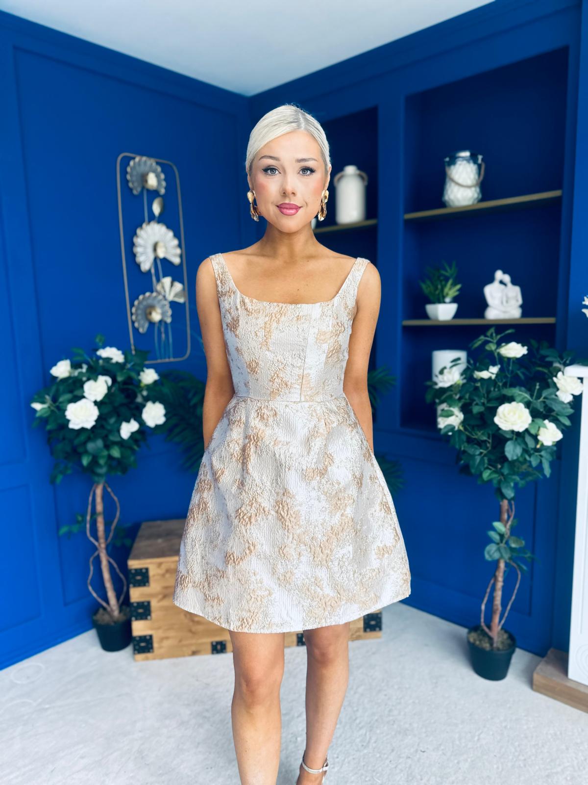 Shania Gold Jacquard Structured Mini Dress