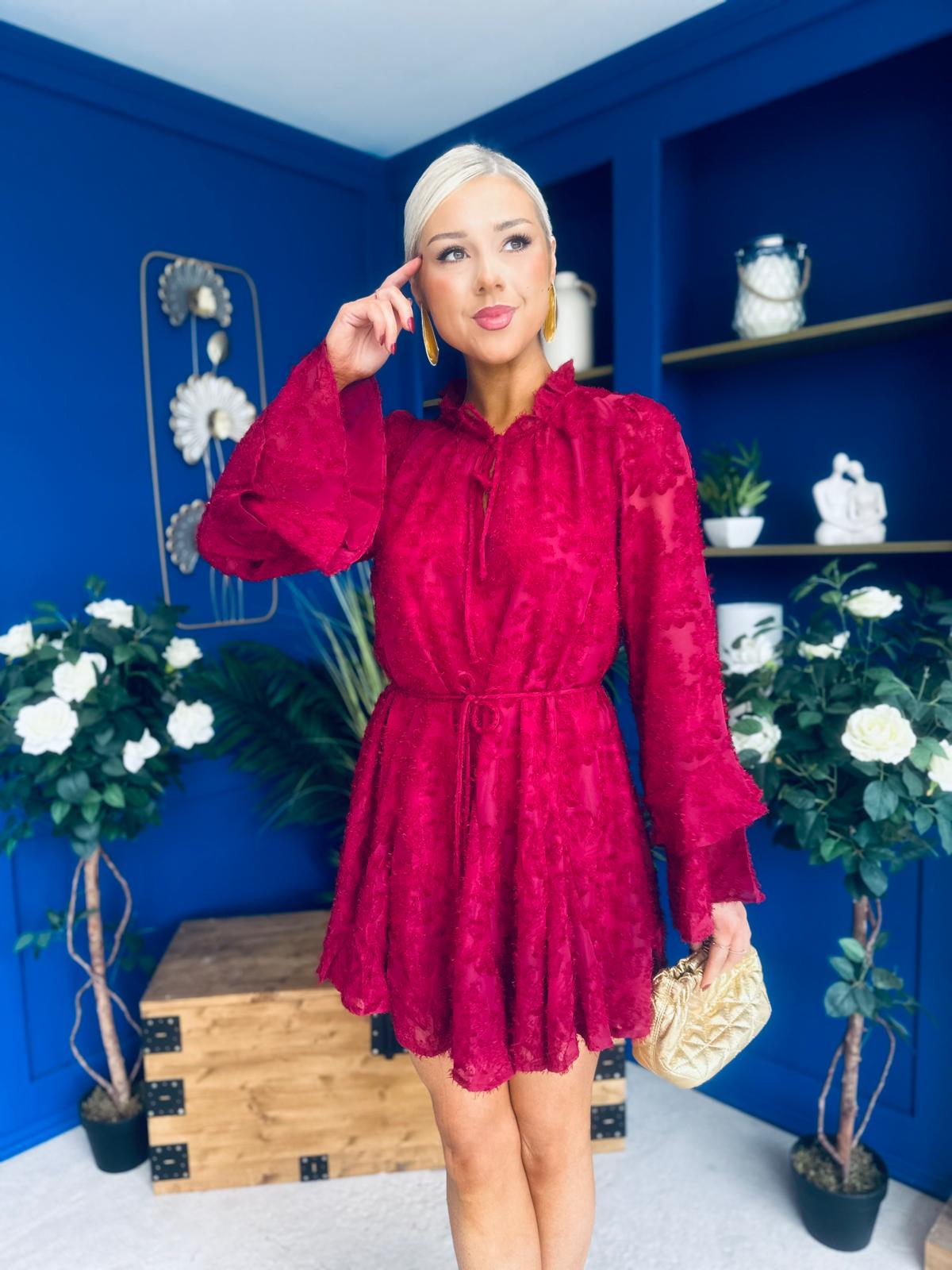 Caitriona High Neck Mini Dress Burnout Wine