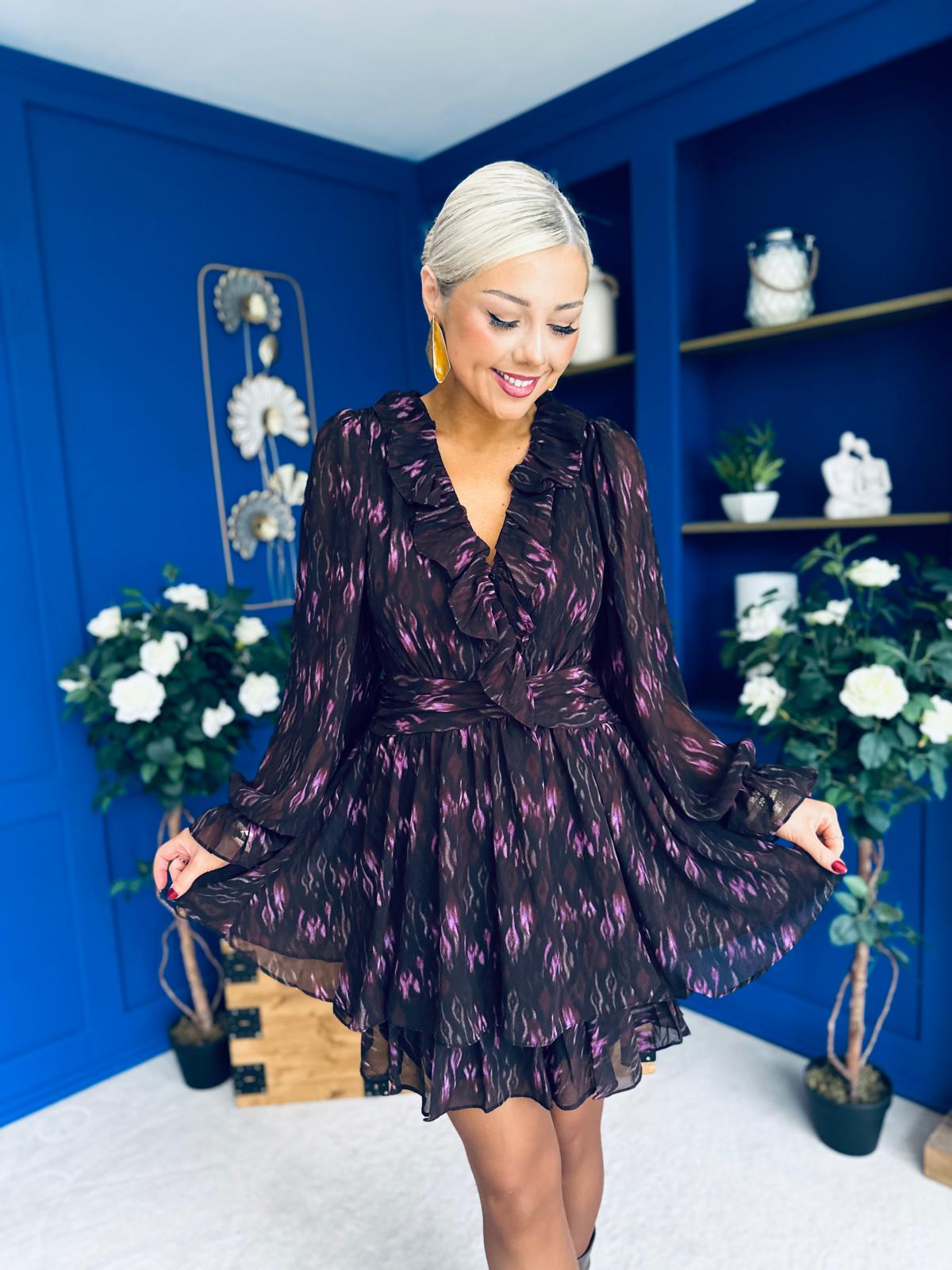 Miah Frill Mini Chiffon Dress Purple Black