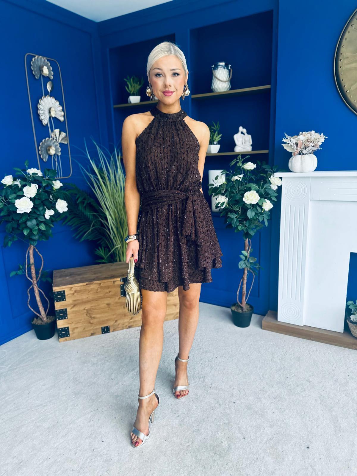 Phoebe Halterneck Embellished Mini Dress Chocolate