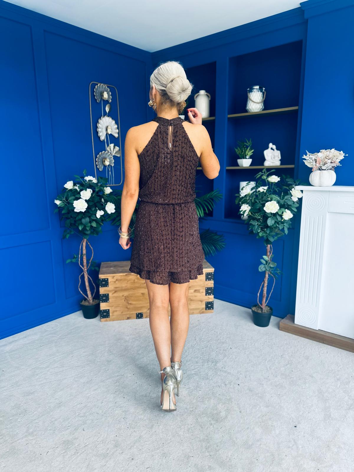 Phoebe Halterneck Embellished Mini Dress Chocolate