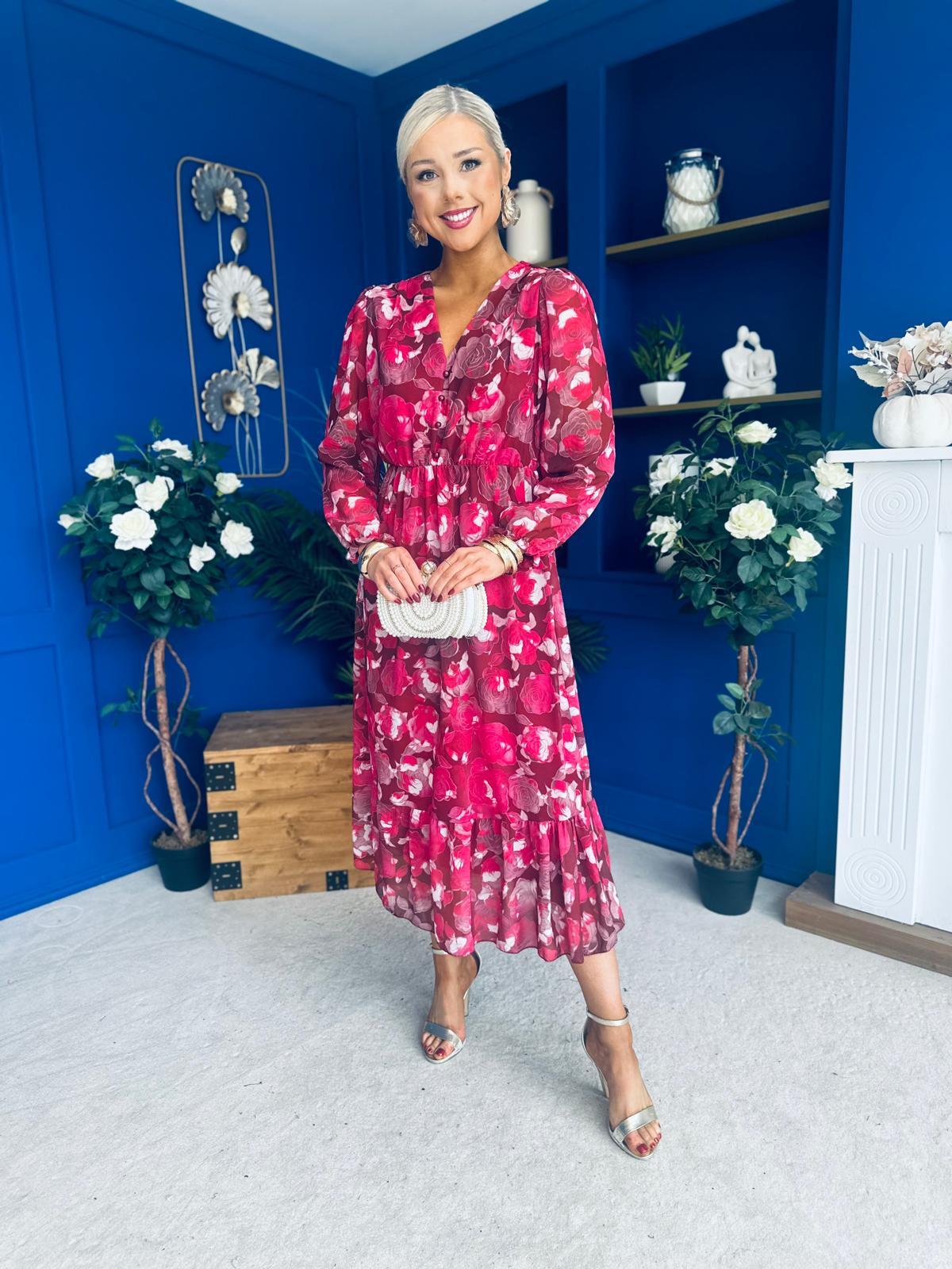 Zoe Banded Midi Dress Floral Rouge