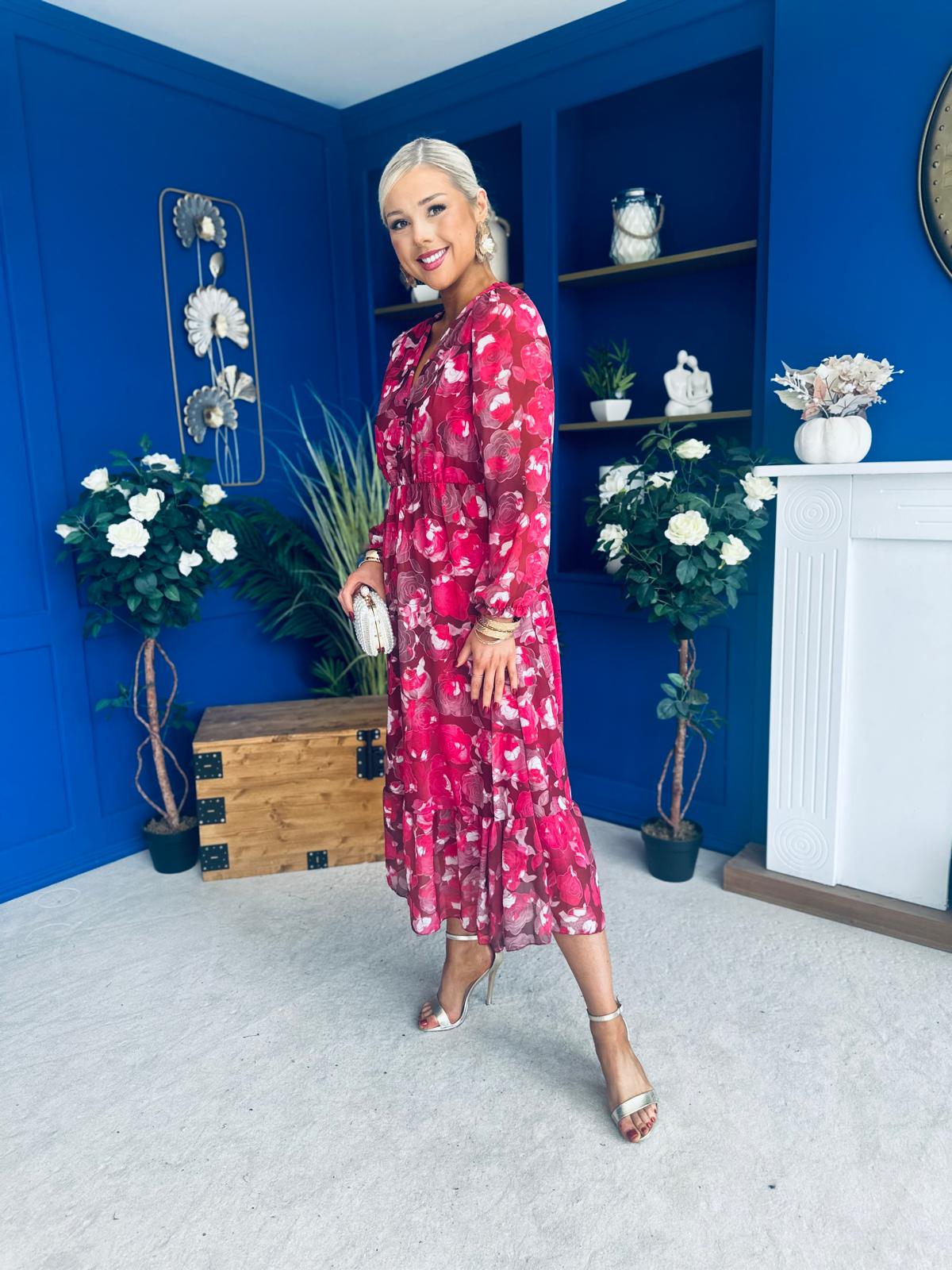 Zoe Banded Midi Dress Floral Rouge