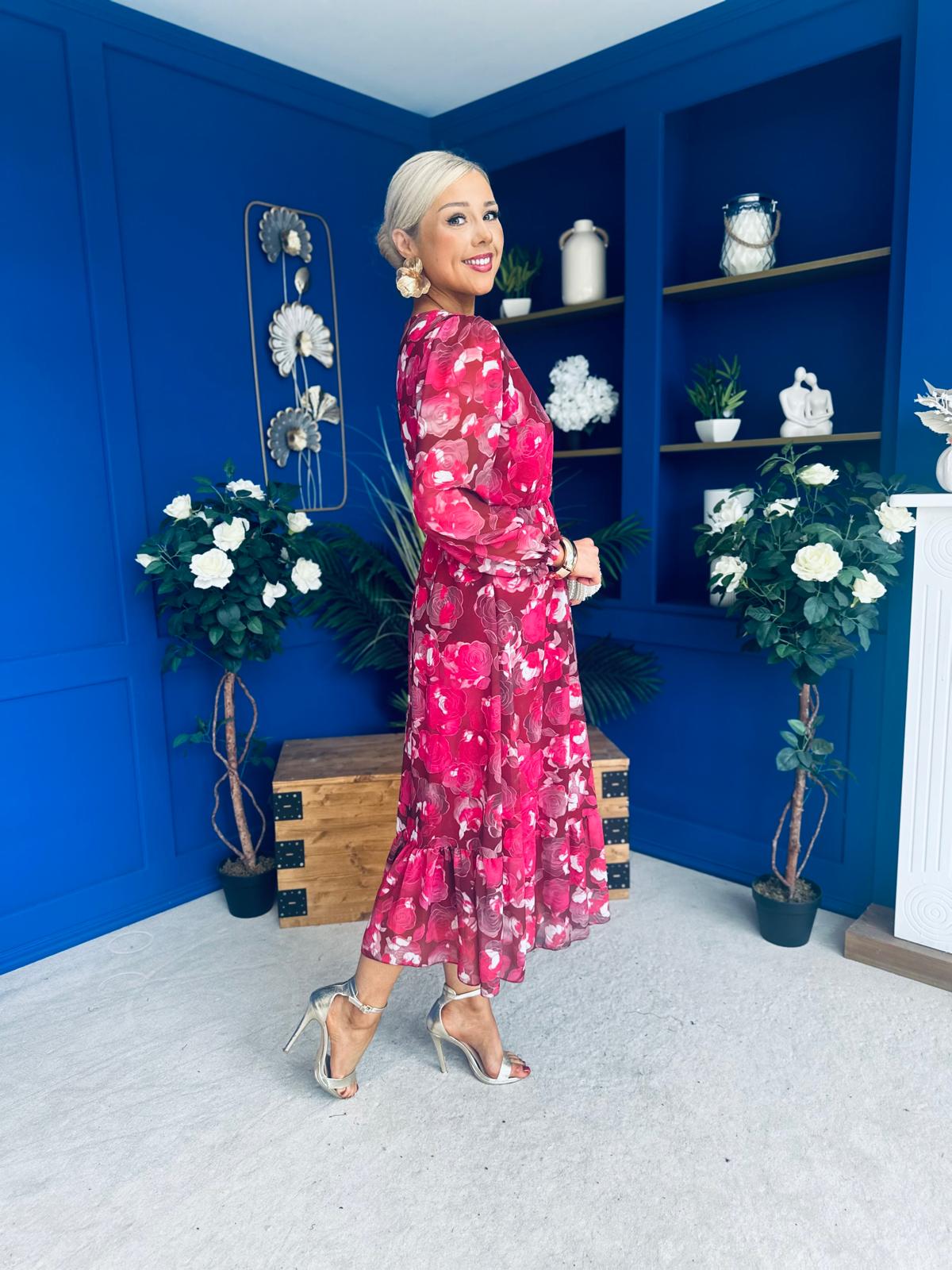 Zoe Banded Midi Dress Floral Rouge