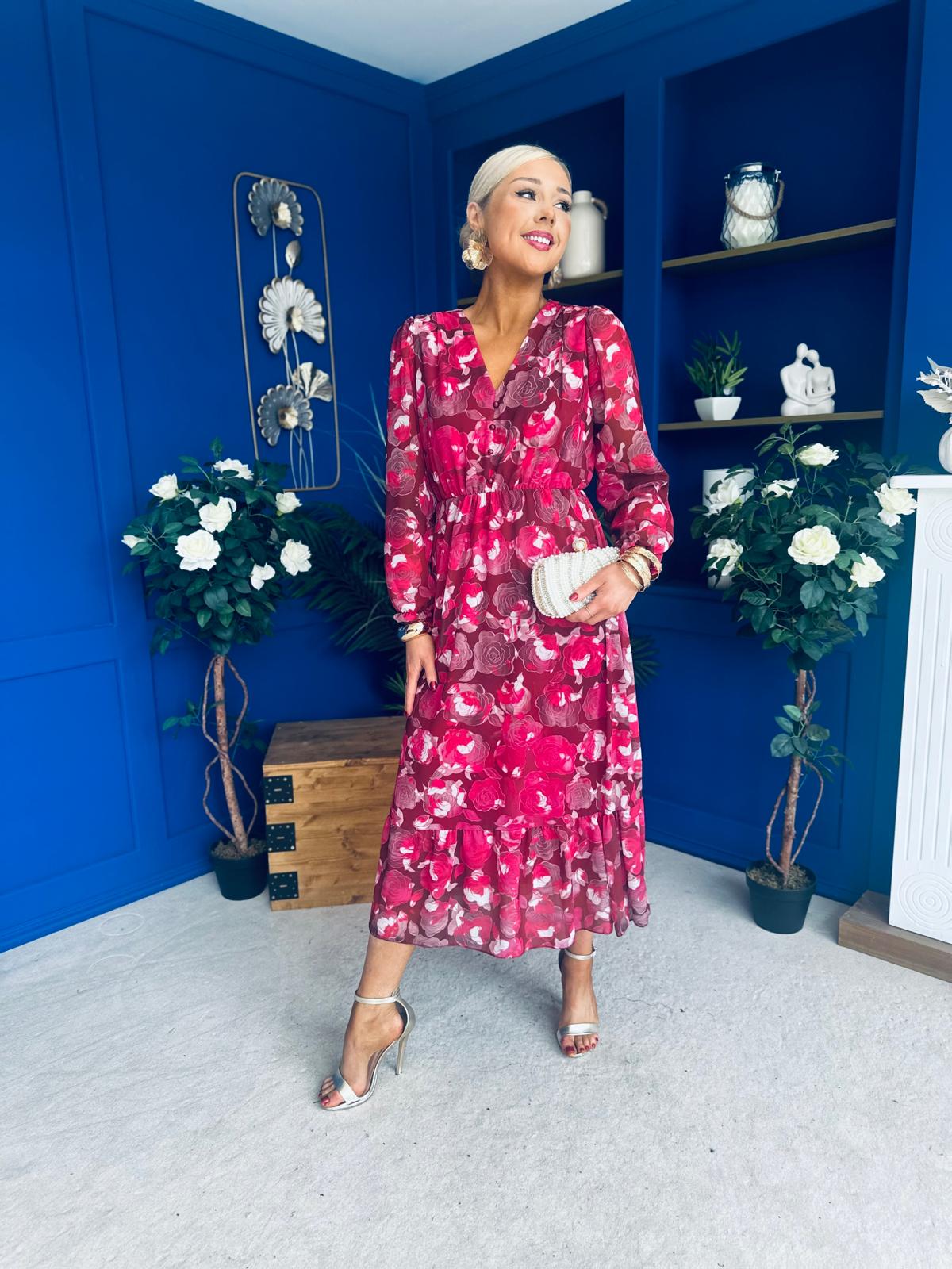 Zoe Banded Midi Dress Floral Rouge