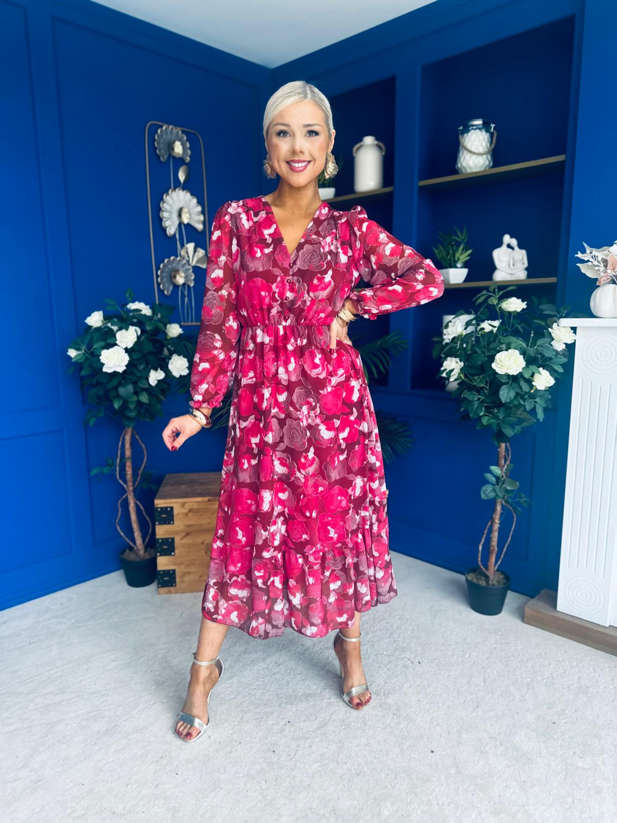 Zoe Banded Midi Dress Floral Rouge