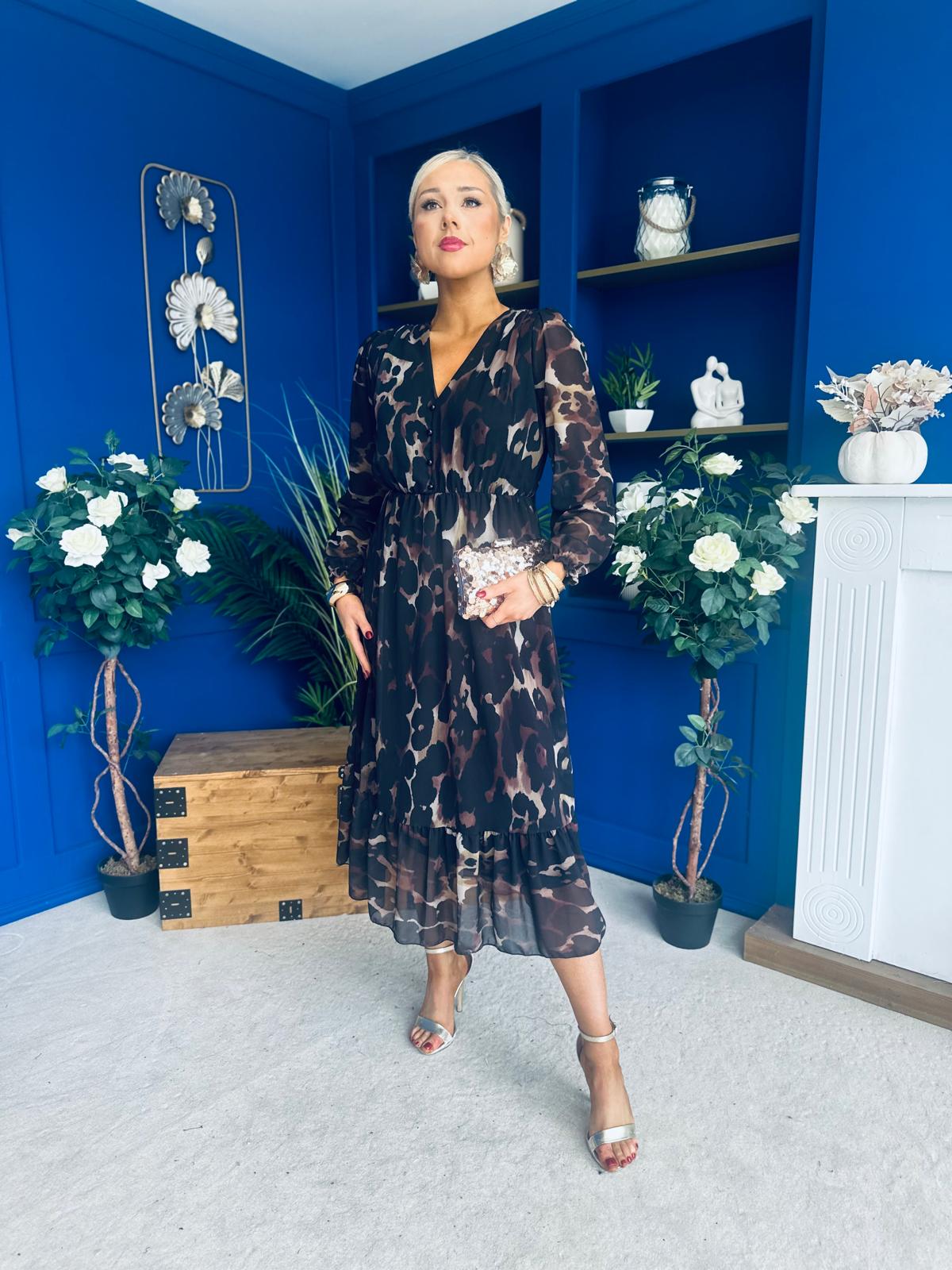 Zoe Banded Midi Dress Animal Black
