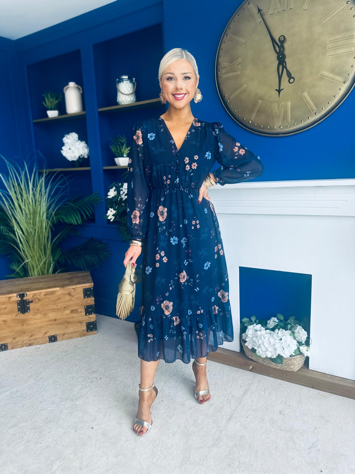 Zoe Banded Midi Dress Floral Navy