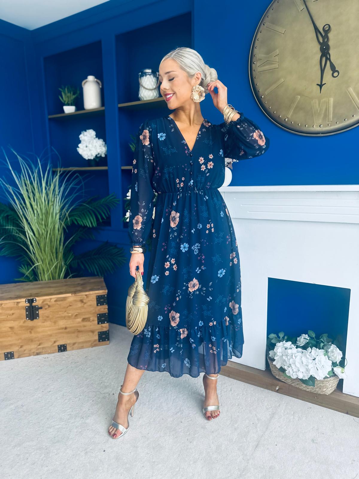 Zoe Banded Midi Dress Floral Navy