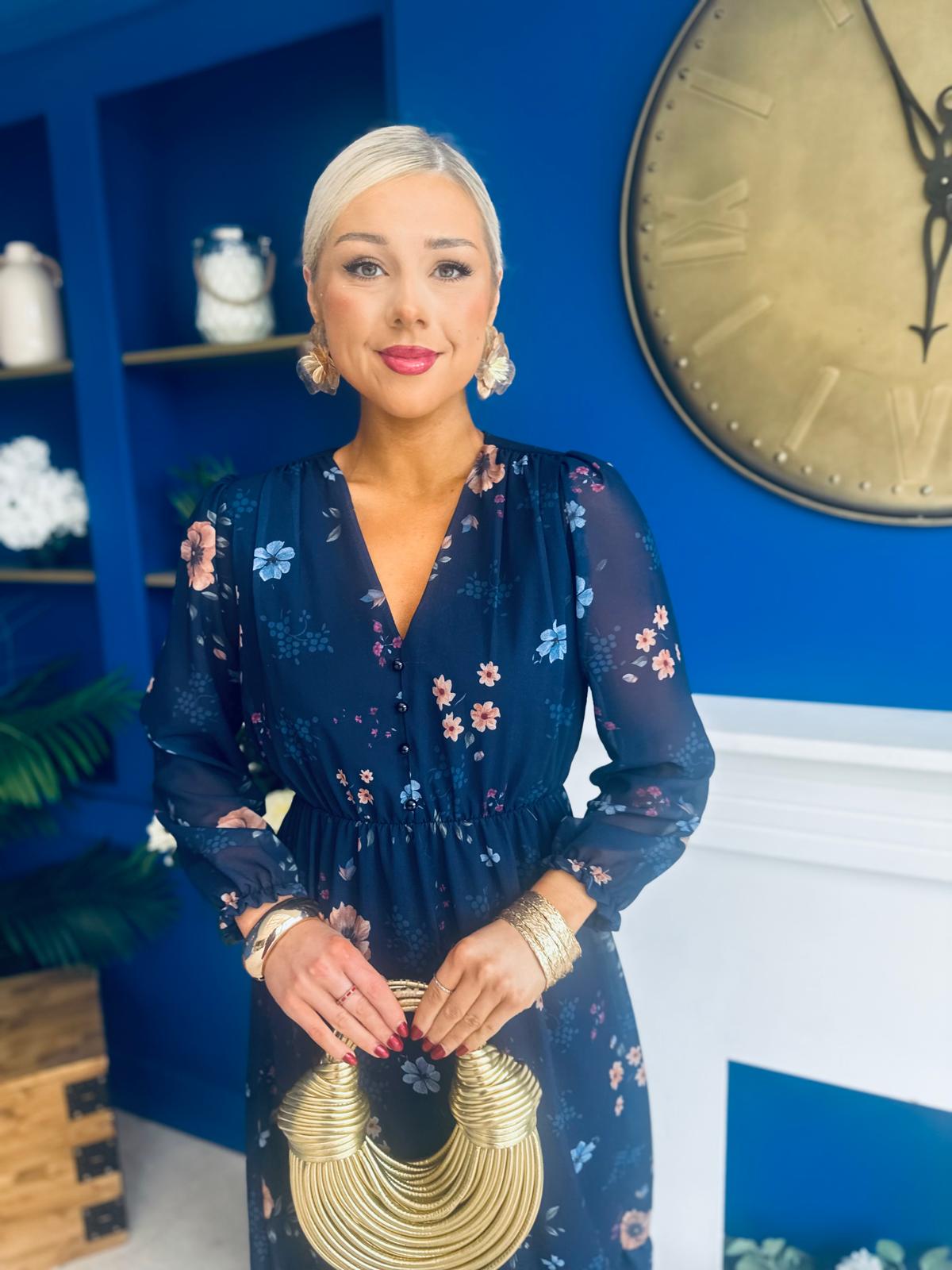 Zoe Banded Midi Dress Floral Navy