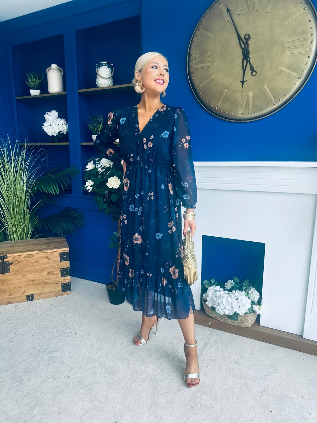 Zoe Banded Midi Dress Floral Navy