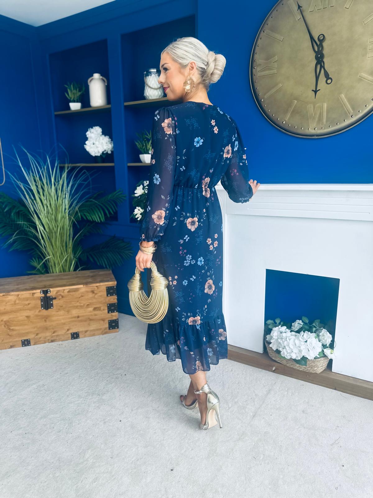 Zoe Banded Midi Dress Floral Navy