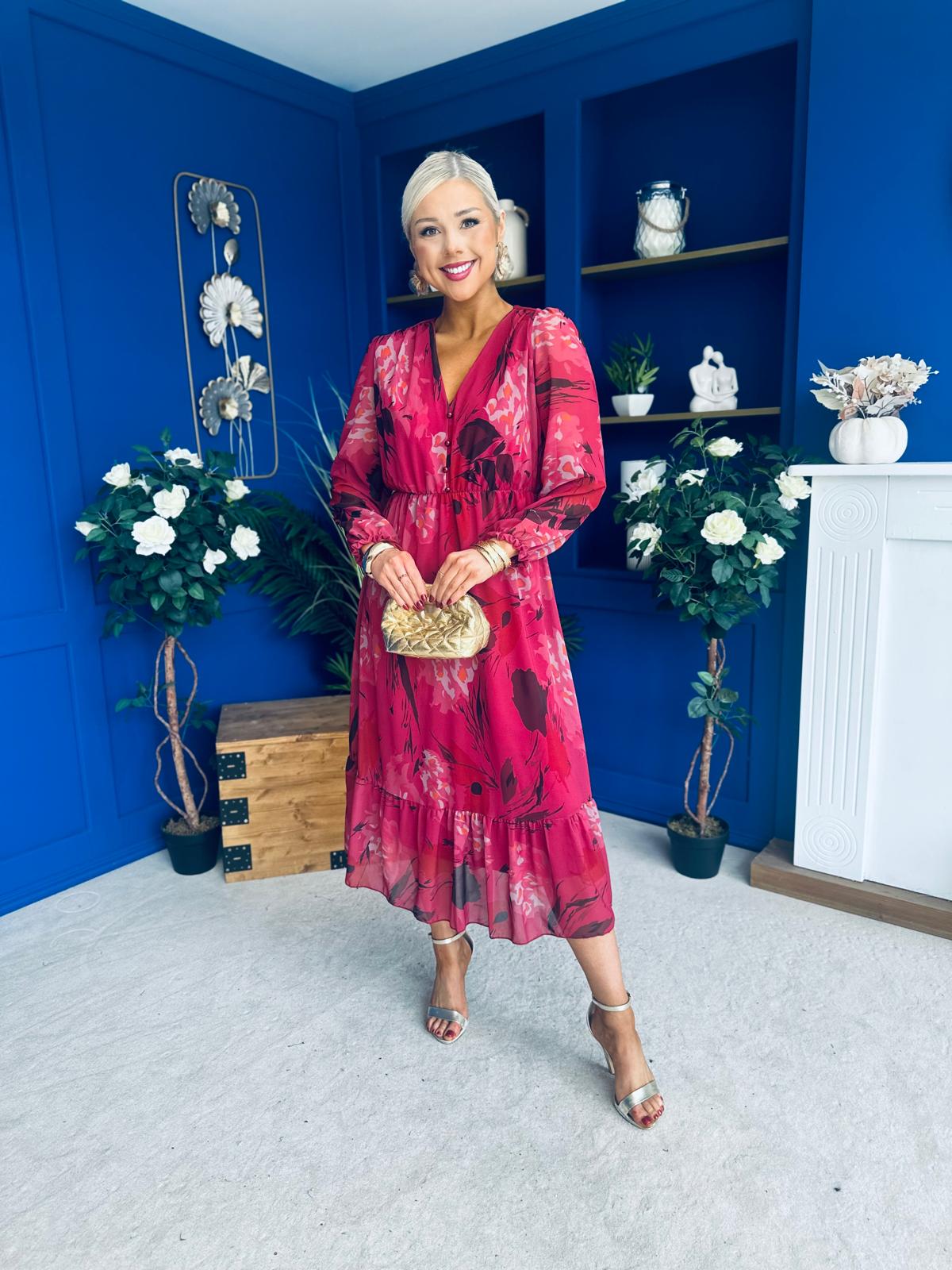 Zoe Banded Midi Dress Floral Ruby